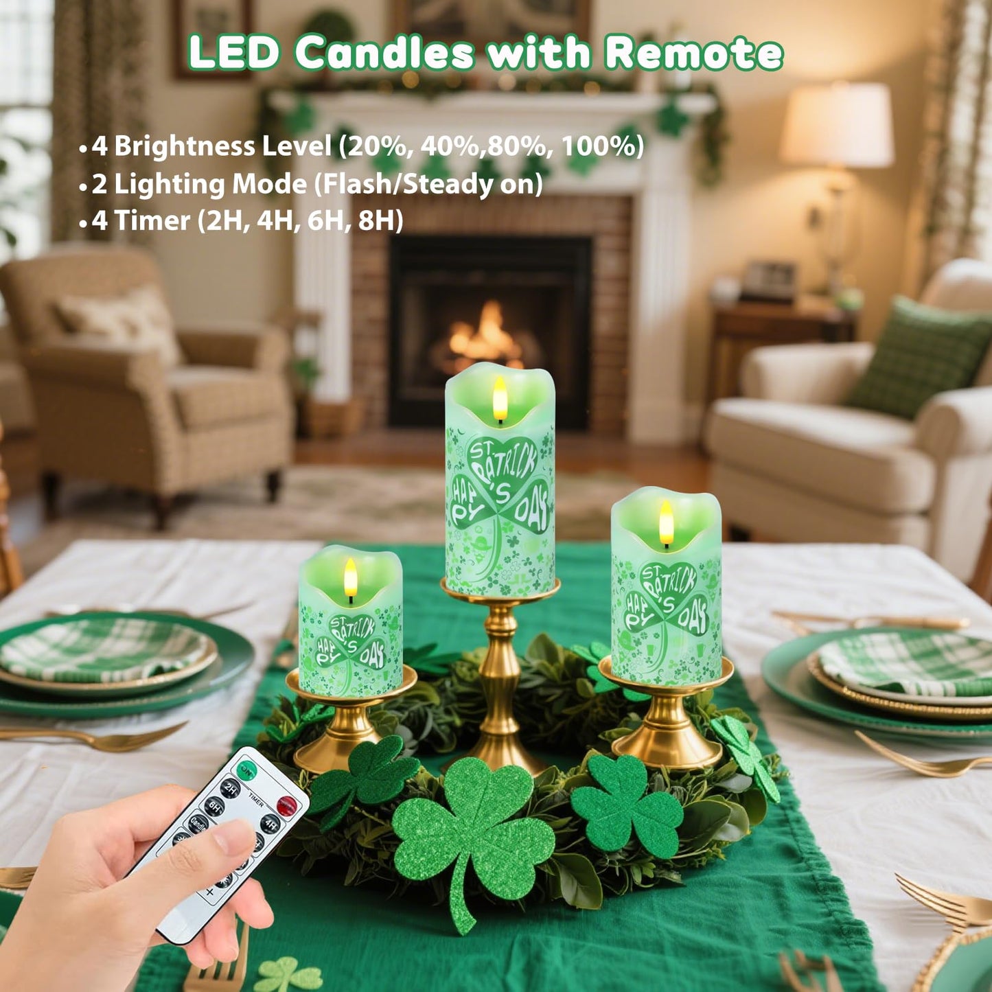 Flameless Candles Lights, Set of 3 Flickering St. Patrick's Day Pillar Candles with Remote & Timer, Dimmable Real Wax Shamrock LED Candles Battery Operated for Home St. Patrick's Day Decor (Clover)