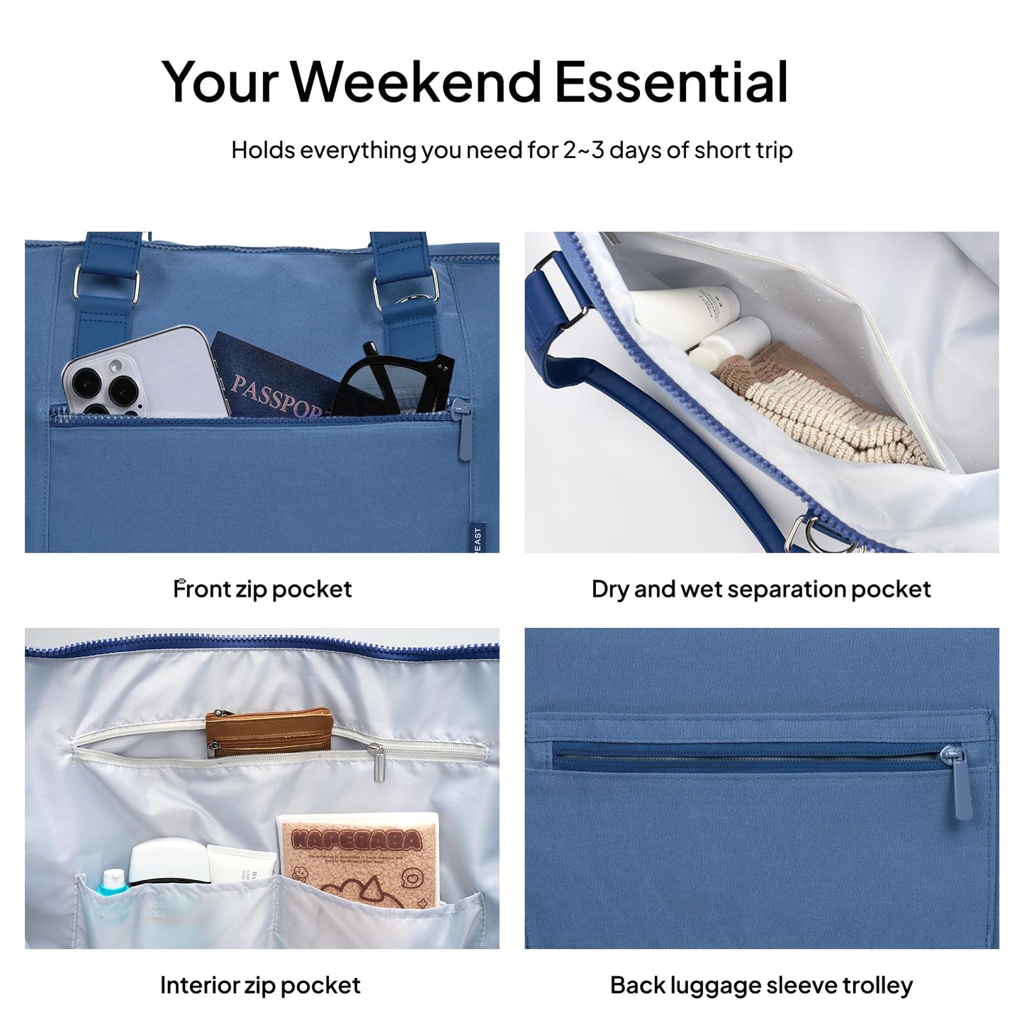 Travel Duffle Bag for Women, 40L Weekender Bags Airline Approved Carry On with Shoe Compartment & Waterproof Wet Pocket, Durable Nylon Weekender Overnight Bag for Travel, Gym, Business Trip, Blue