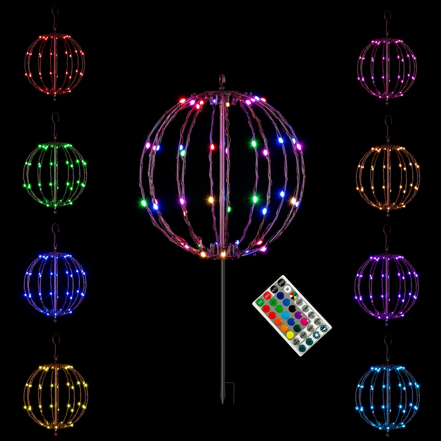 LIGHTSHARE 10IN 48LED Light Ball Yard Decoration Pathway Lights Sphere with Remote Control Fold Flat Metal Frame Indoor Outdoor Waterproof Garden TJQ25B-RGB Brown Frame / RGB 10''