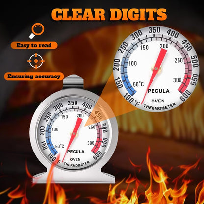 Stainless Steel Oven Thermometer 50-300°C/100-600°F, Analog Instant Read, Battery-Free Kitchen Cooking Thermometer, Hook & Stand Design Food Thermometer for Oven, Grill, Smoker, Fryer