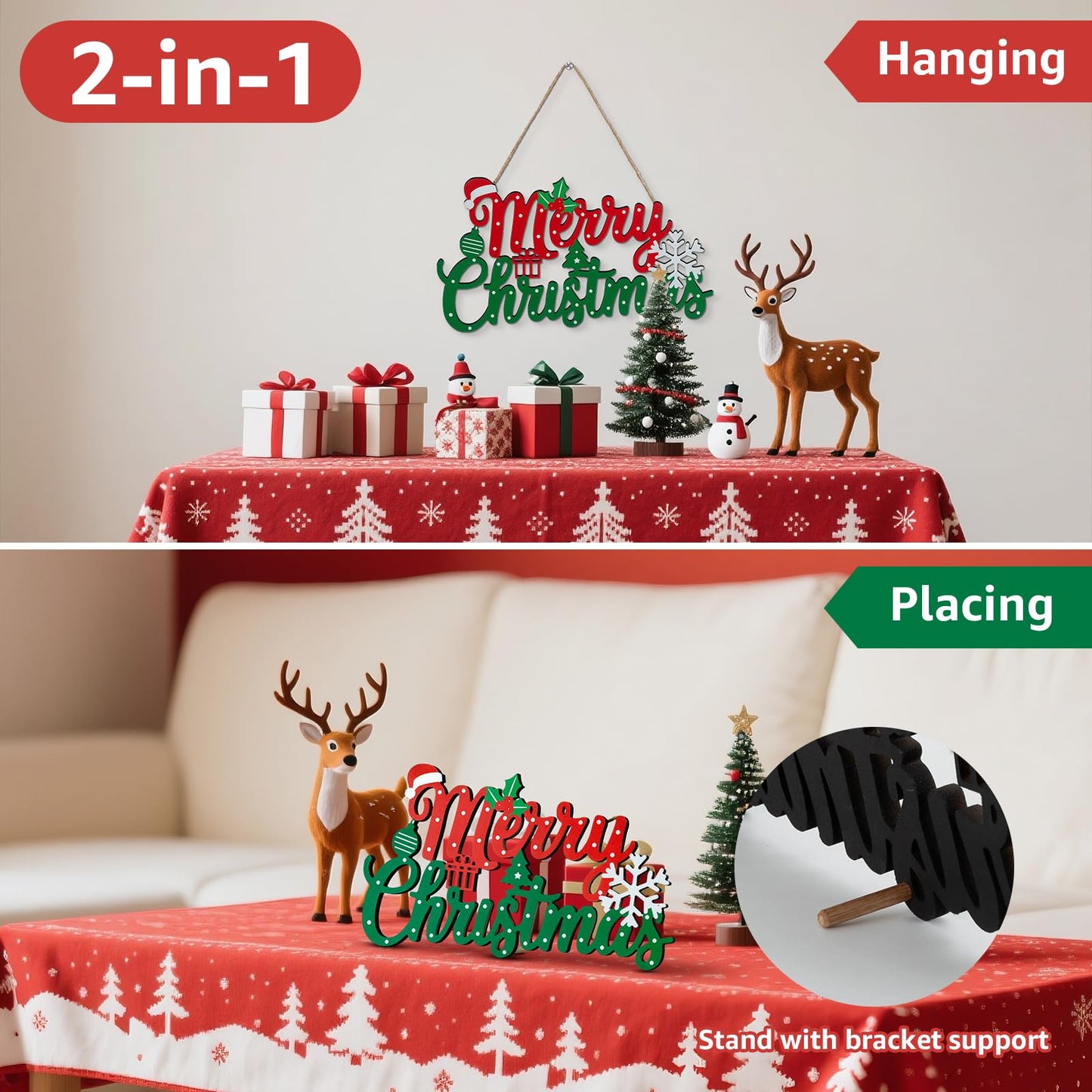 Merry Christmas Sign for Front Door Decor - 2 in 1Wooden 11.8 Inch × 6.7inch Christmas Wreath Wall Hanging or Tabletop Centerpiece for Door, Table, Fireplace