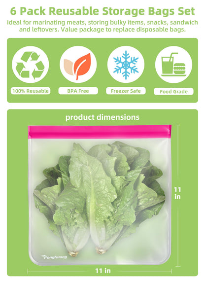 24 Reusable Food Storage Bags, Freezer Bags with Pack BPA FREE (8 Reusable Gallon Bags+8 Leakproof Reusable Sandwich Bags+8 Food Grade Snack Bags) EXTRA THICK Reusbale Lunch Bag for Salad Fruit