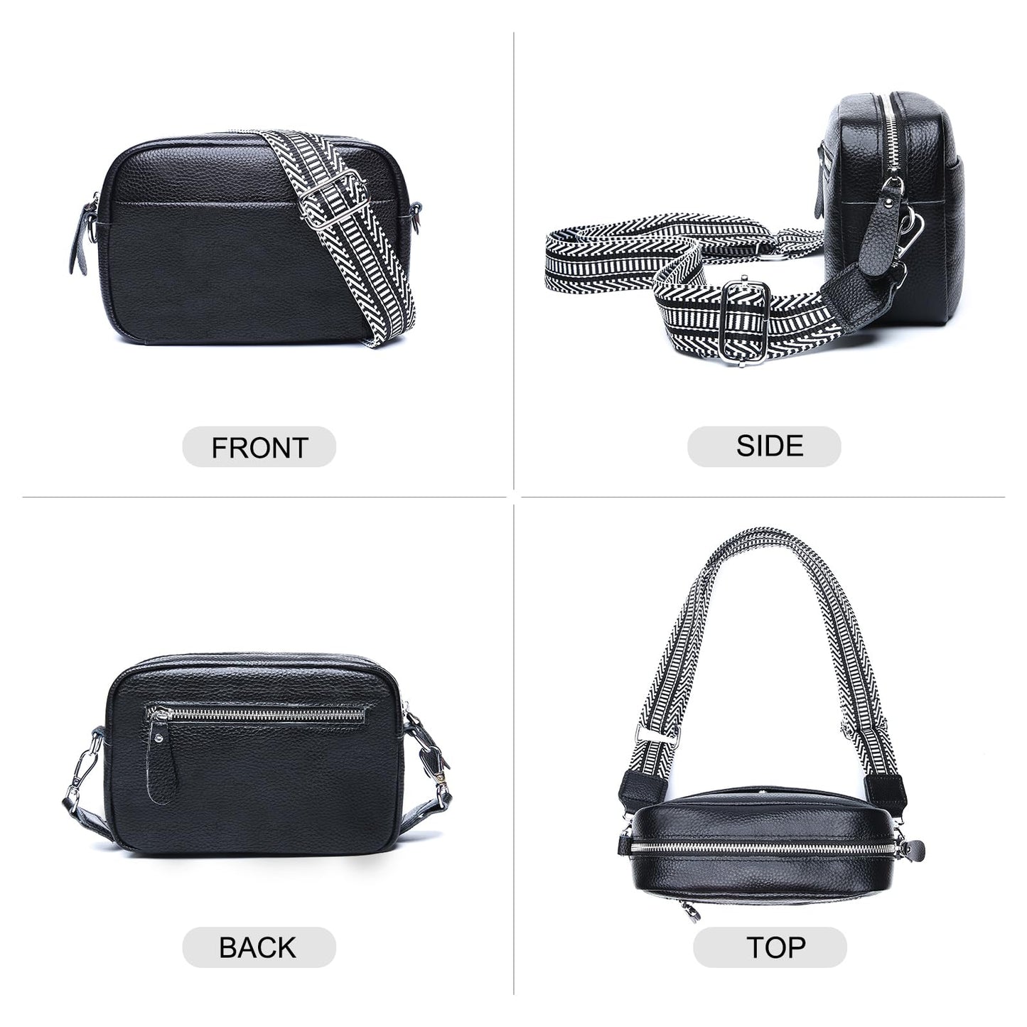 Utenwat Small Crossbody Bags for Women Genuine Leather, Guitar Strap Shoulder Handbag Purse Camera Bag with Rfid Card Slots, Black