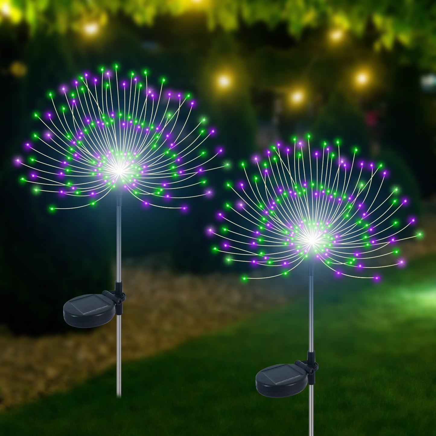 Slyuexu Solar Garden Lights Outdoor Waterproof, 2 Pack 120 LED Solar Firework Lights Decorative Garden Décor Outside for Flowerbed Pathway Party Halloween Christmas Decorations, Green + Purple