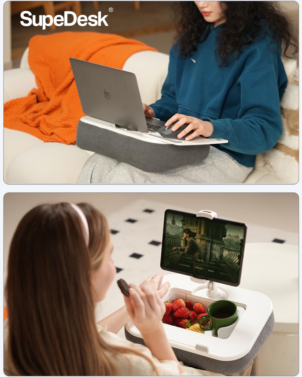 SupeDesk Laptop Lap Desk, Adjustable iPad Holder for Bed, 360° Swivel Tablet Arm, Laptop Desk with Mouse Pad, Snack Bowl & Cup Holder, Fits 4.7–13” Tablets & 15” Laptop