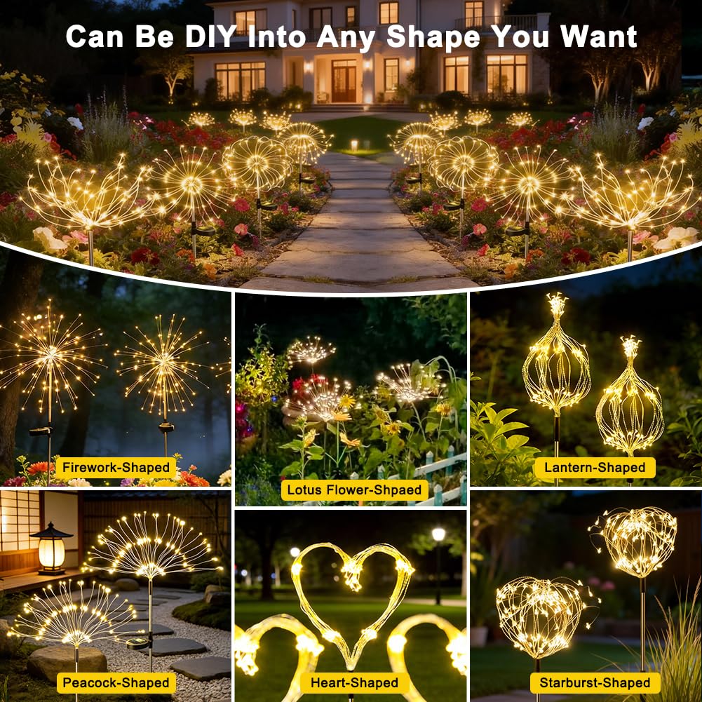 Boutispan 150 LED Solar Fireworks Lights Outdoor Waterproof, 4 Pack 8 Modes Twinkling Fireworks Solar Fairy Lights for Garden Yard Patio Flowerbed Lawn Planter Walkway Decor (Warm White)