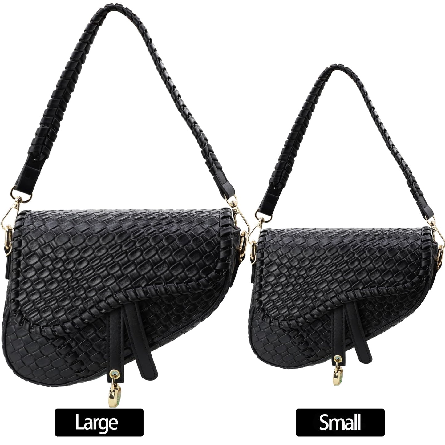 ERWUBA fashion women saddle shoulder bag clutch purse small crossbody satchel handbag woven imitation crocodile leather bag (Black)