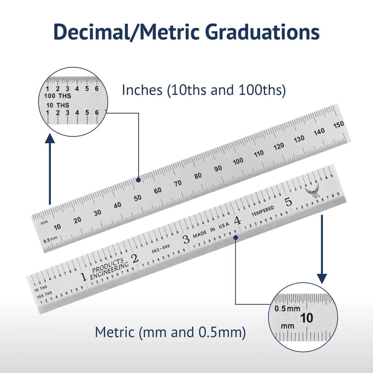 PEC Tools 6"/150mm Rigid Metal Ruler, Satin Chrome Carbon Steel Machinist Rule, Decimal & Metric Graduation (1/10", 1/100", 0.5mm, 1mm), Fully Hardened and Tempered, Made in USA