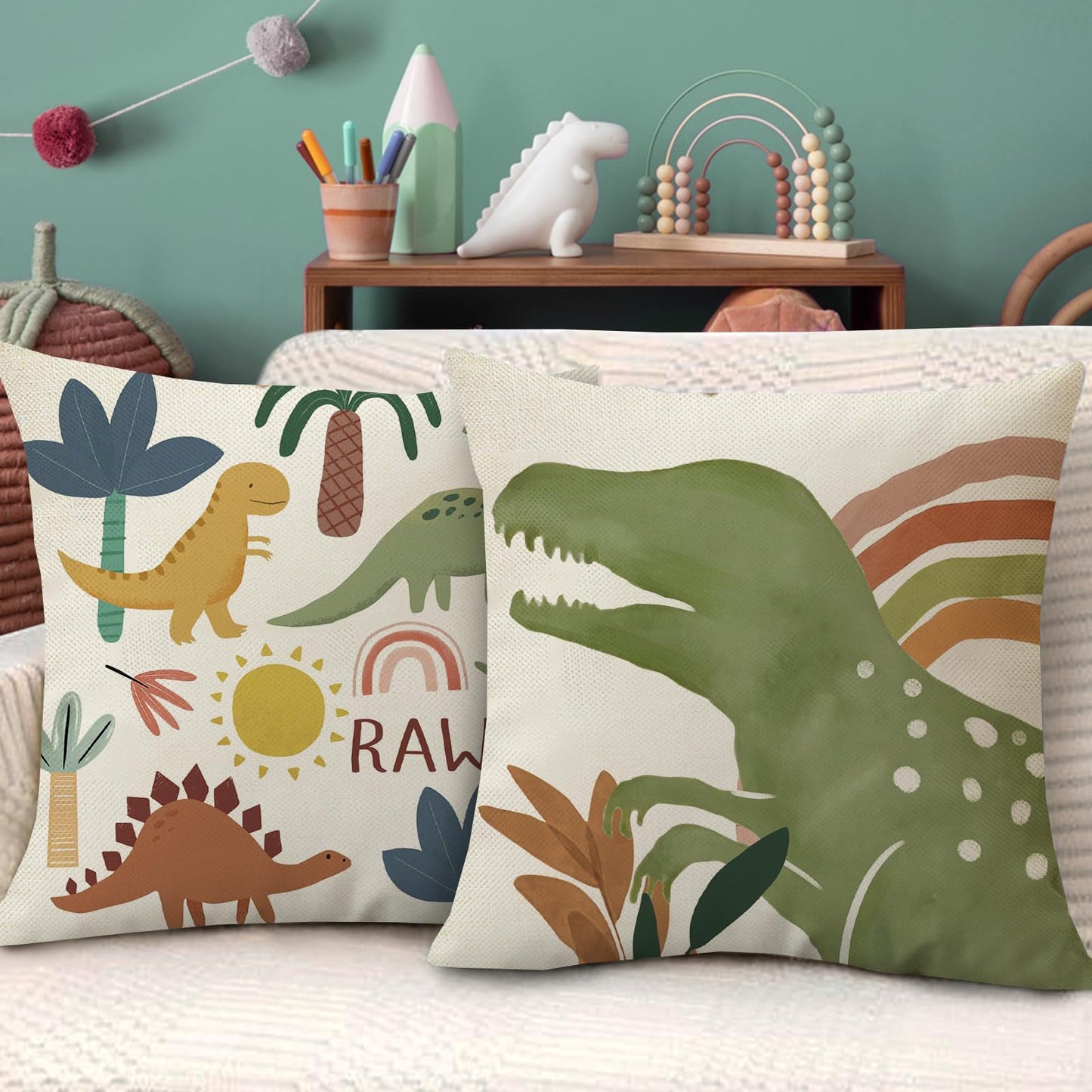 Fahrendom Boho Dinosaur Rawr Decorative Throw Pillow Covers 18 x 18 Set of 4, Bohemian Dino Stay Curious Porch Patio Outdoor Pillowcase, Sun Rainbow Plant Sofa Couch Cushion Case Home Decor