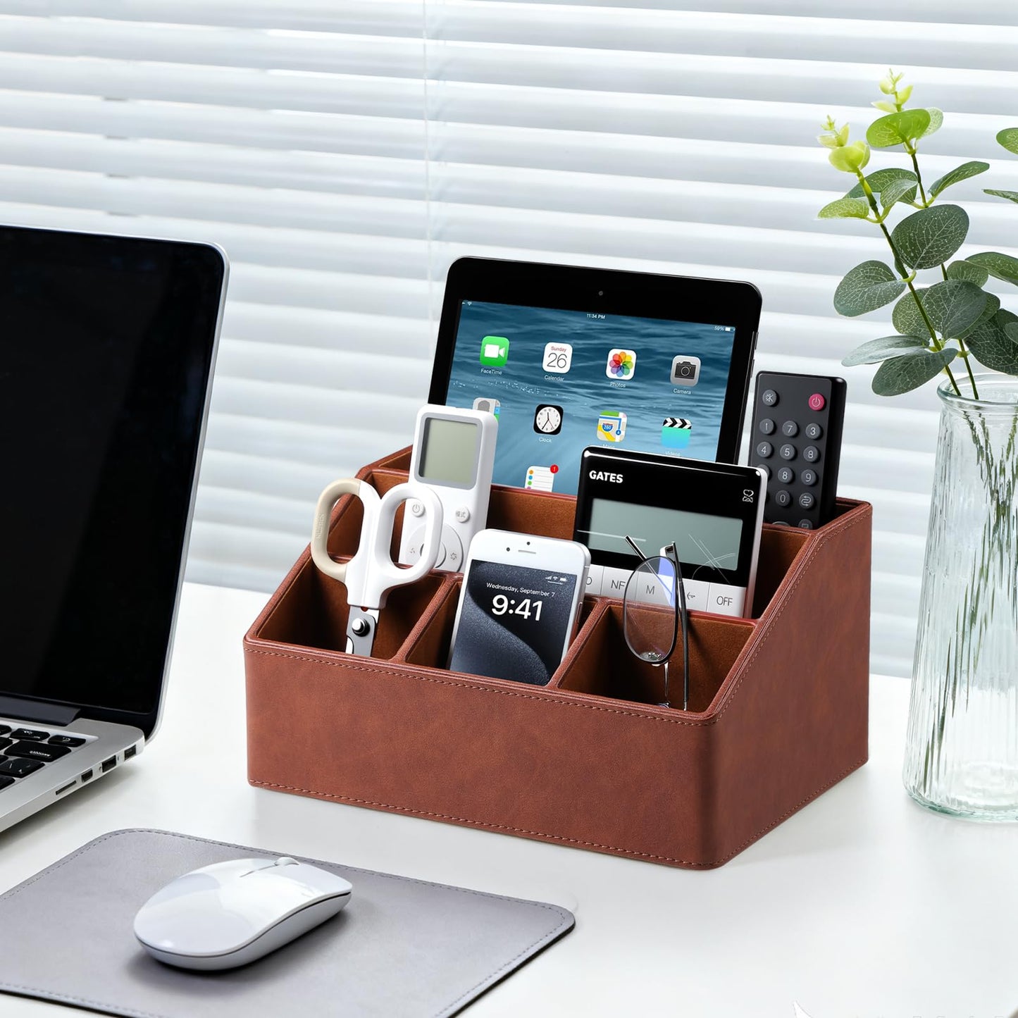 Cretkhp Desk Organizer Caddy with 5 Compartments for Office Art Supplies, PU Leather Nightstand Organizer Pencil Pen Desk Caddy for Home, Desktop TV Remote Control Holder Storage (Brown)