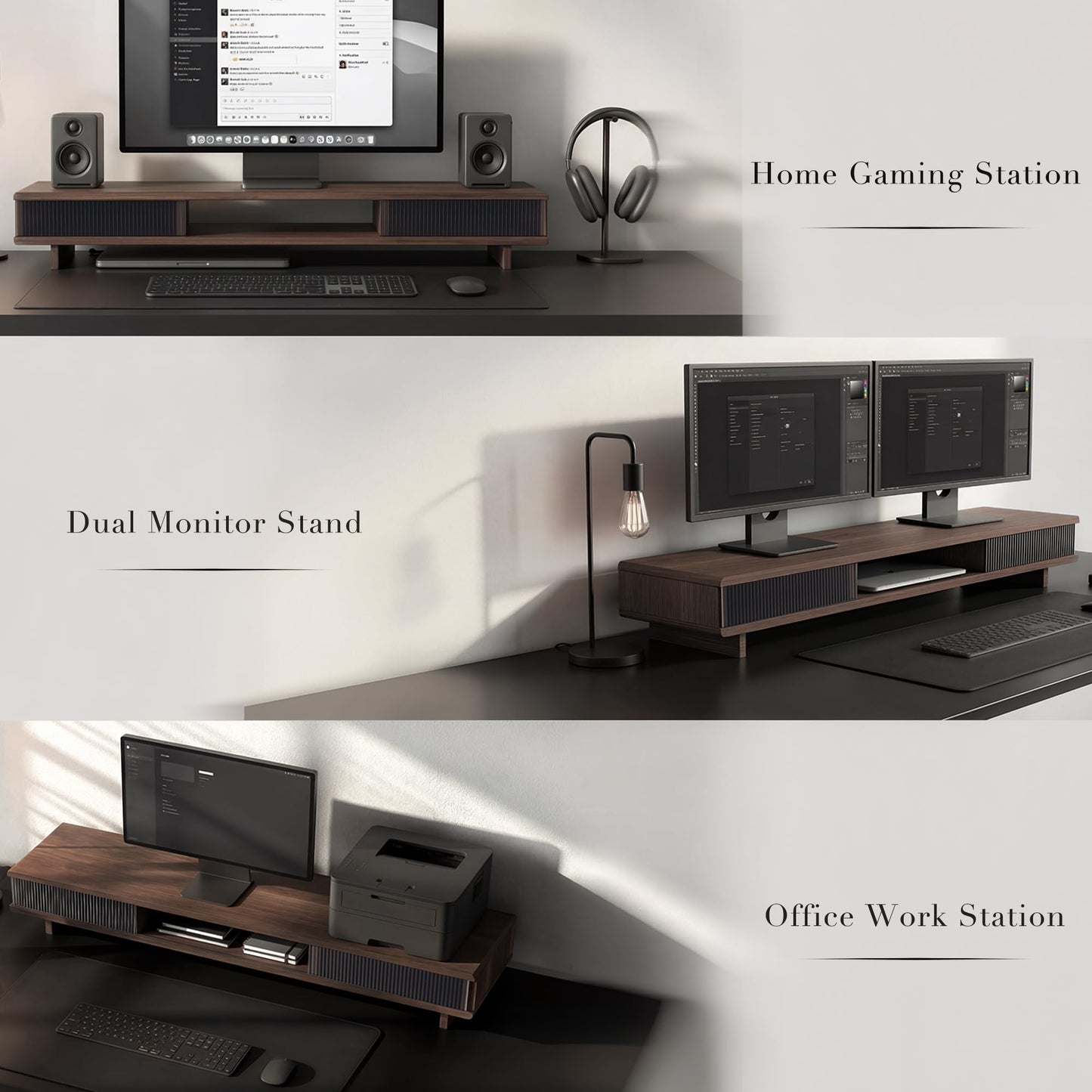 UniAbode Dual Monitor Riser with Sliding Doors & Storage - 42.5" Extra Wide Dual Monitor Stand for Desk Organizer,Desk Shelf for Office & Gaming - Acrylic Wave Design,110 lbs Capacity,Walnut