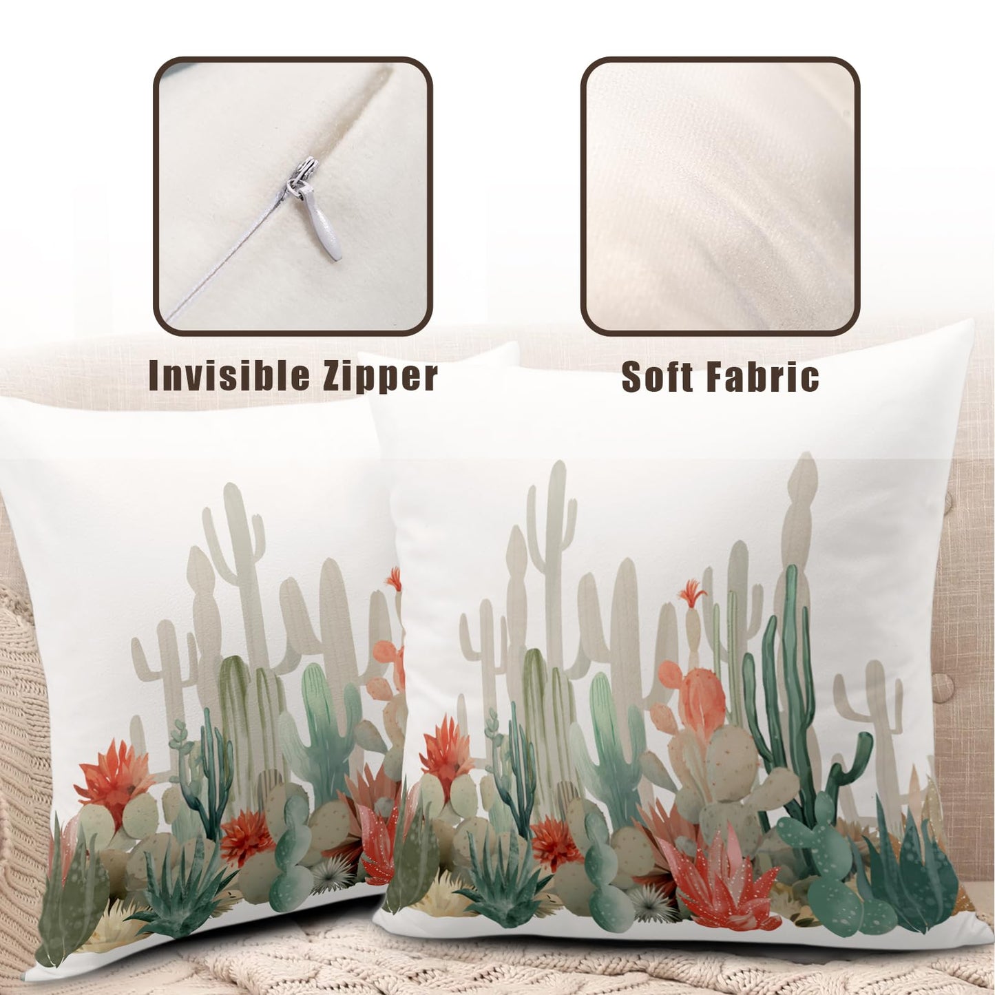 Wnoesat Cactus Throw Pillow Covers Tropical Plants Cactus Decorative Pillow Cases 18x18 Set of 2 Desert Green Succulent Prickly Pear Pillowcase Summer Outdoor Cushion Cover for Home Couch Sofa