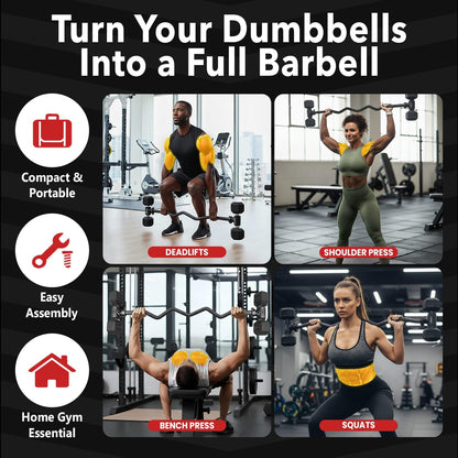 Dumbbell Barbell Converter Bar - Adjustable Dumbbell to Barbell Connector - Heavy Duty Steel Dumbbell Extension Bar with Secure Locking System - Non Slip Grip Handles - Home Gym Strength Training, 200 lb Capacity