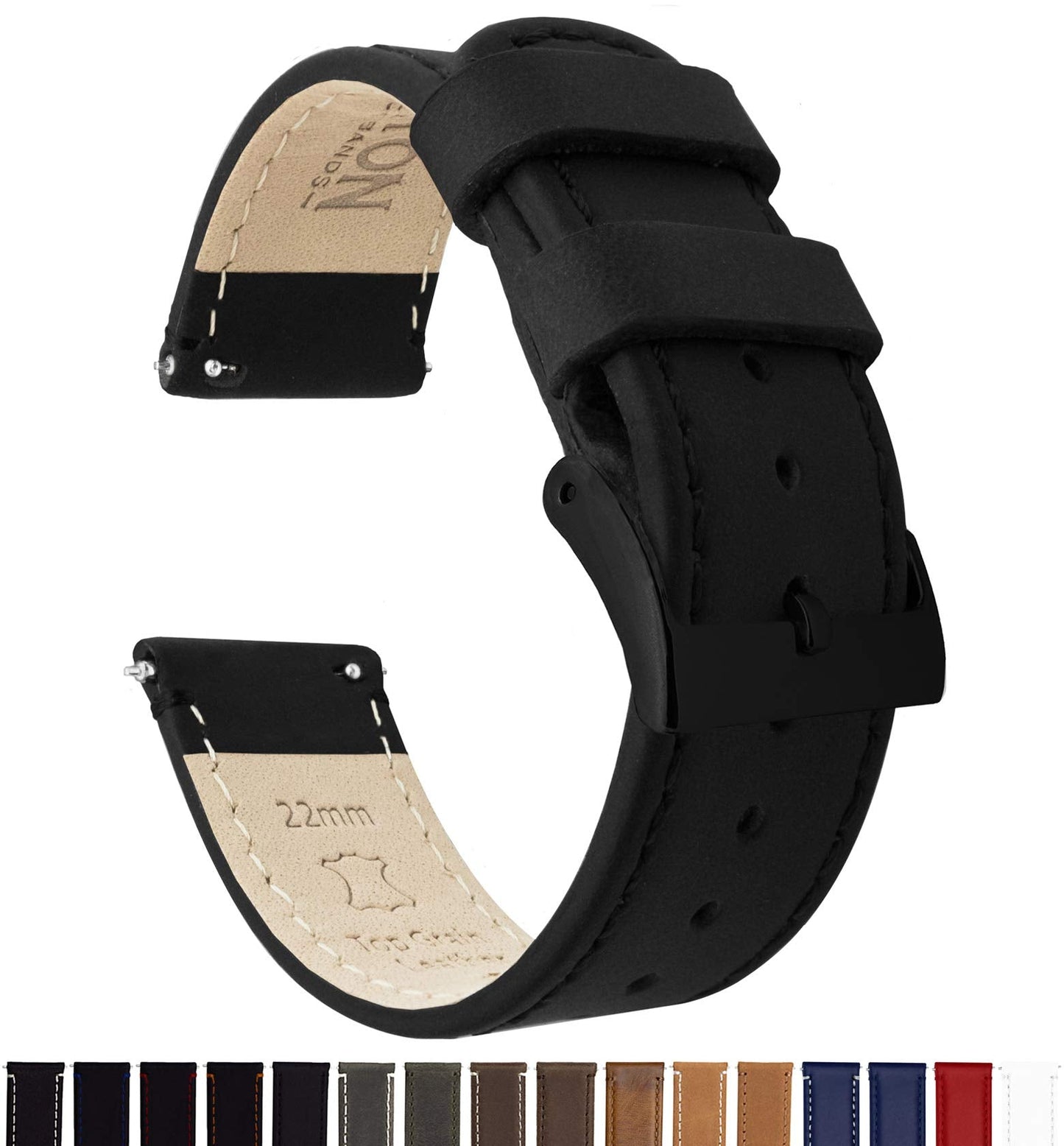 BARTON WATCH BANDS Quick Release Top Grain Leather Watch Band Strap, Black Leather/Black Stitching (Black Buckle), 22mm