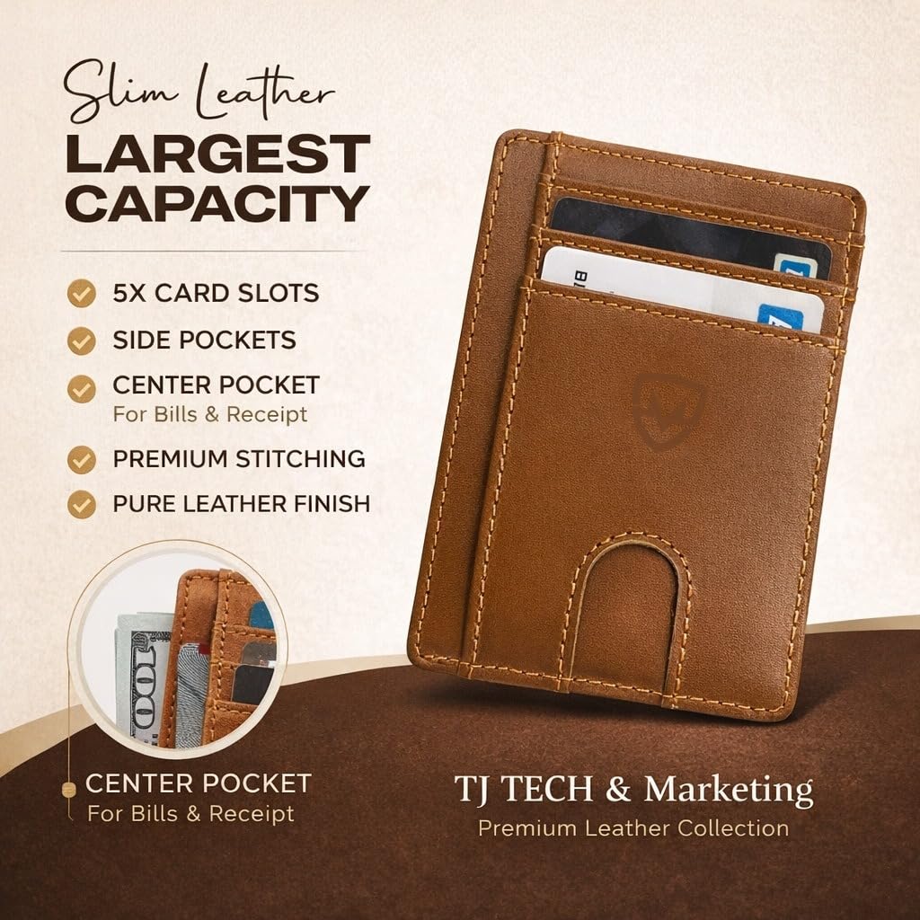 Mordano Leather Wallet Card Holder | RFID Blocking Protection Slim Minimalist Wallet For Men And Women | Front Pocket Thin Credit Card Holder | Genuine Leather Small Wallet (Brown)