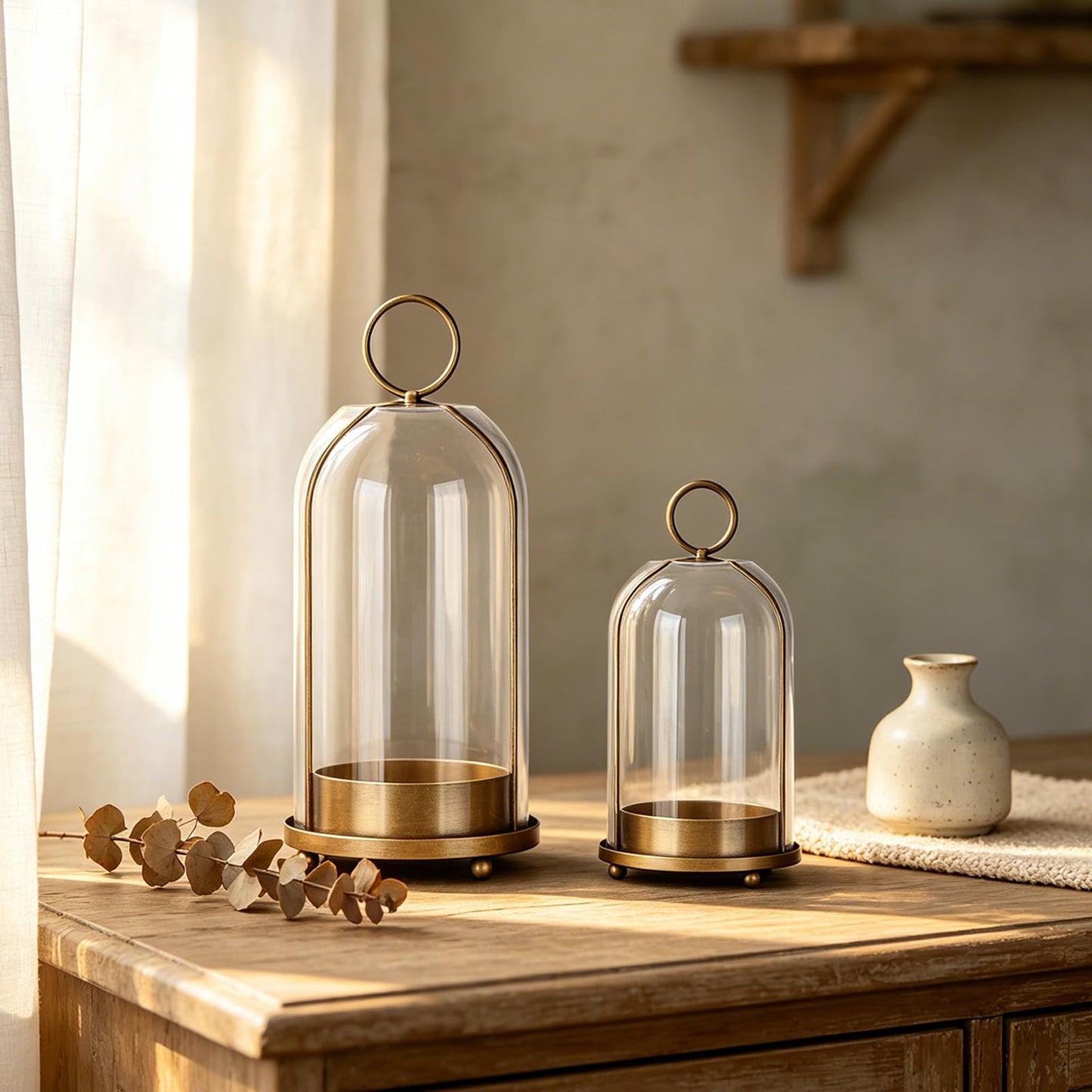 Qxcynb Hurricane Bell Jar Candle Holder Clear Dome Cover Holders with Iron Base Set of 2 Vintage Pillar Glass Candles Cloche for Tabletop Centerpieces or Hanging (1, Gold)