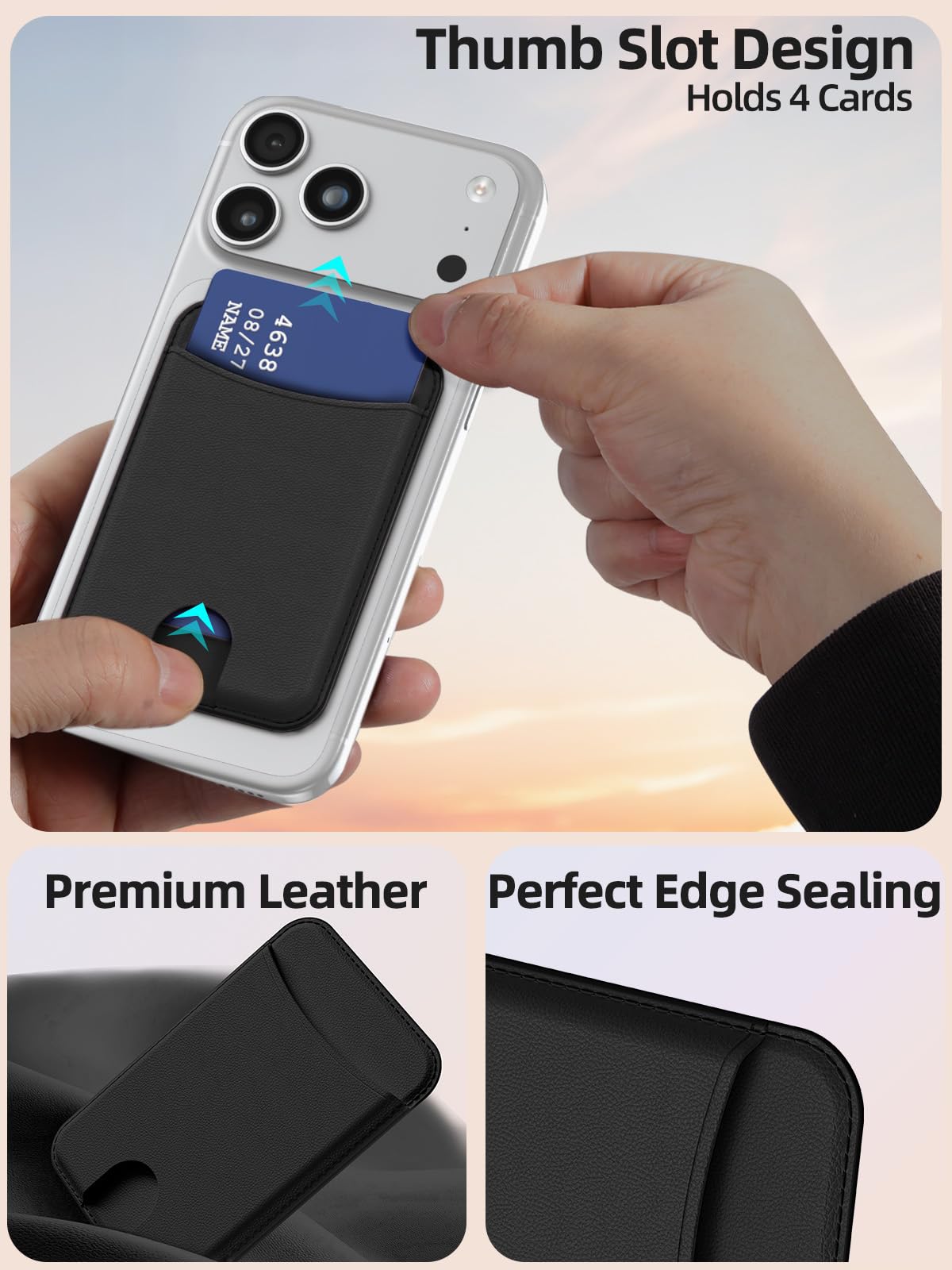 Miroddi for Magsafe Wallet, Magnetic Card Holder for iPhone 17/16/15/14/13/12 Series, Leather Magnet Phone Wallet Fit 4 Cards 3 Cash, Ultra-Thin, RFID Blocking, Black