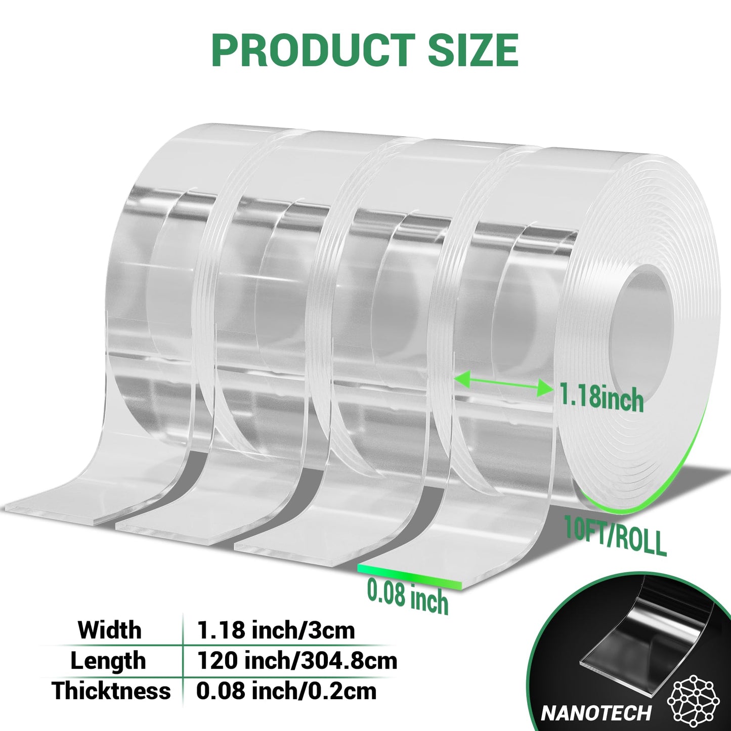 dosun Double Sided Tape Heavy Duty(8 Rolls, Total 80 FT) Sided Nano Tape, Strong Double Sided Tape for Walls, Used for Carpet, Poster, Picture Hanging, Outdoor Multifunctional Mounting Tape
