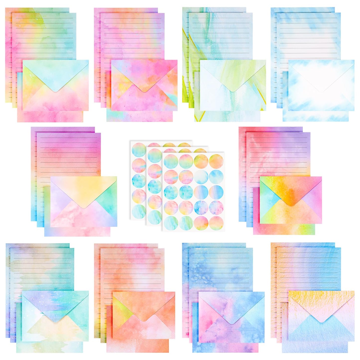 160 Packs Stationery Paper and Envelopes Set, 50 Lined Letter Writing Paper with 50 Matching Envelopes and 60 Round Sticker, 5.5" X 8.25" Cute Stationary Paper Kit with 10 Watercolor Design