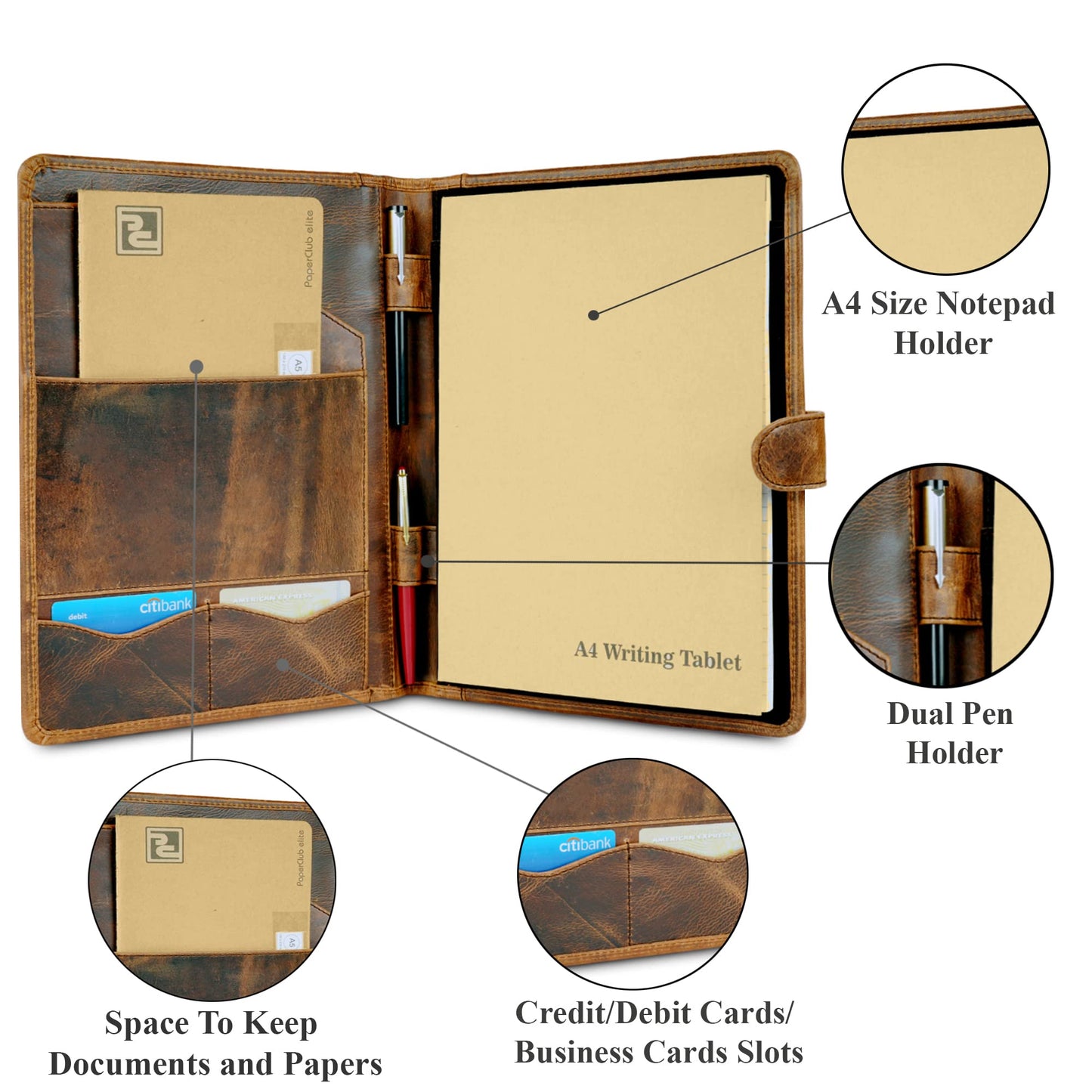 CestAntiQ, Leather Padfolio Legal Pad Portfolio Organizer | Handmade Executive Notebook Binder | Heavy Duty Full Grain Cow Hide Resume Interview Folio for Men Women, Rustic NoteBook Folder (brown)