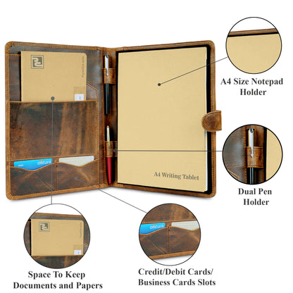 CestAntiQ, Leather Padfolio Legal Pad Portfolio Organizer | Handmade Executive Notebook Binder | Heavy Duty Full Grain Cow Hide Resume Interview Folio for Men Women, Rustic NoteBook Folder (brown)