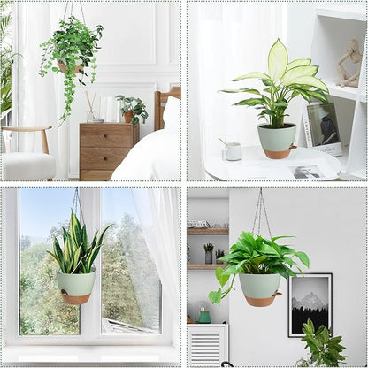 Hanging Planters for Indoor Outdoor Plants, 2 Pack Self Watering Hanging Pot with Drainage Holes & Removable Tray (Green, 6'')