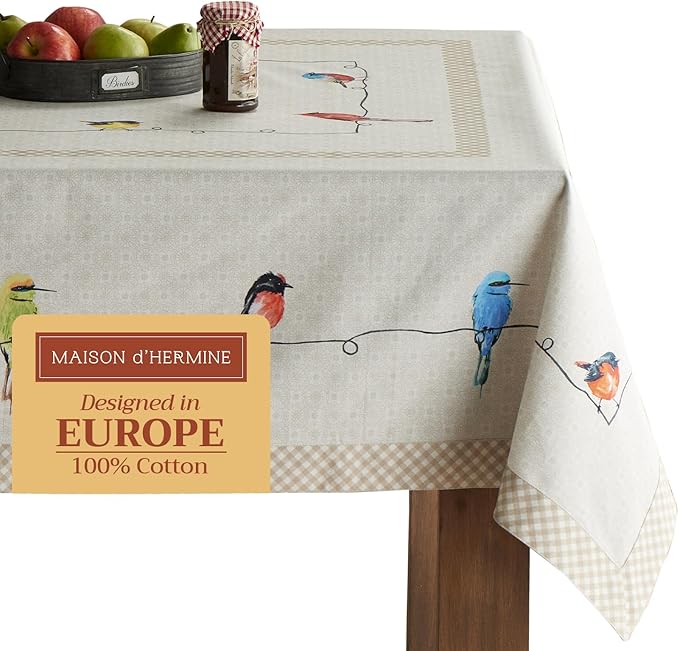 Maison d' Hermine Table Cloth Rectangle Table 100% Cotton 70 x 90 Inches Tablecloth Reusable Decorative for Dining Room, Farmhouse, Home, Party, Festive & Wedding Spring Summer - Birdies On Wire
