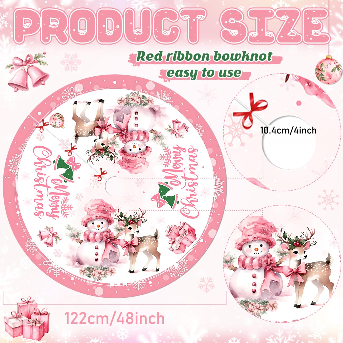 Pink Christmas Tree Skirt Merry Christmas Decoration Snowman Decoration 48 Inch Tree Skirt for Festival Party Decor Indoor Outdoor
