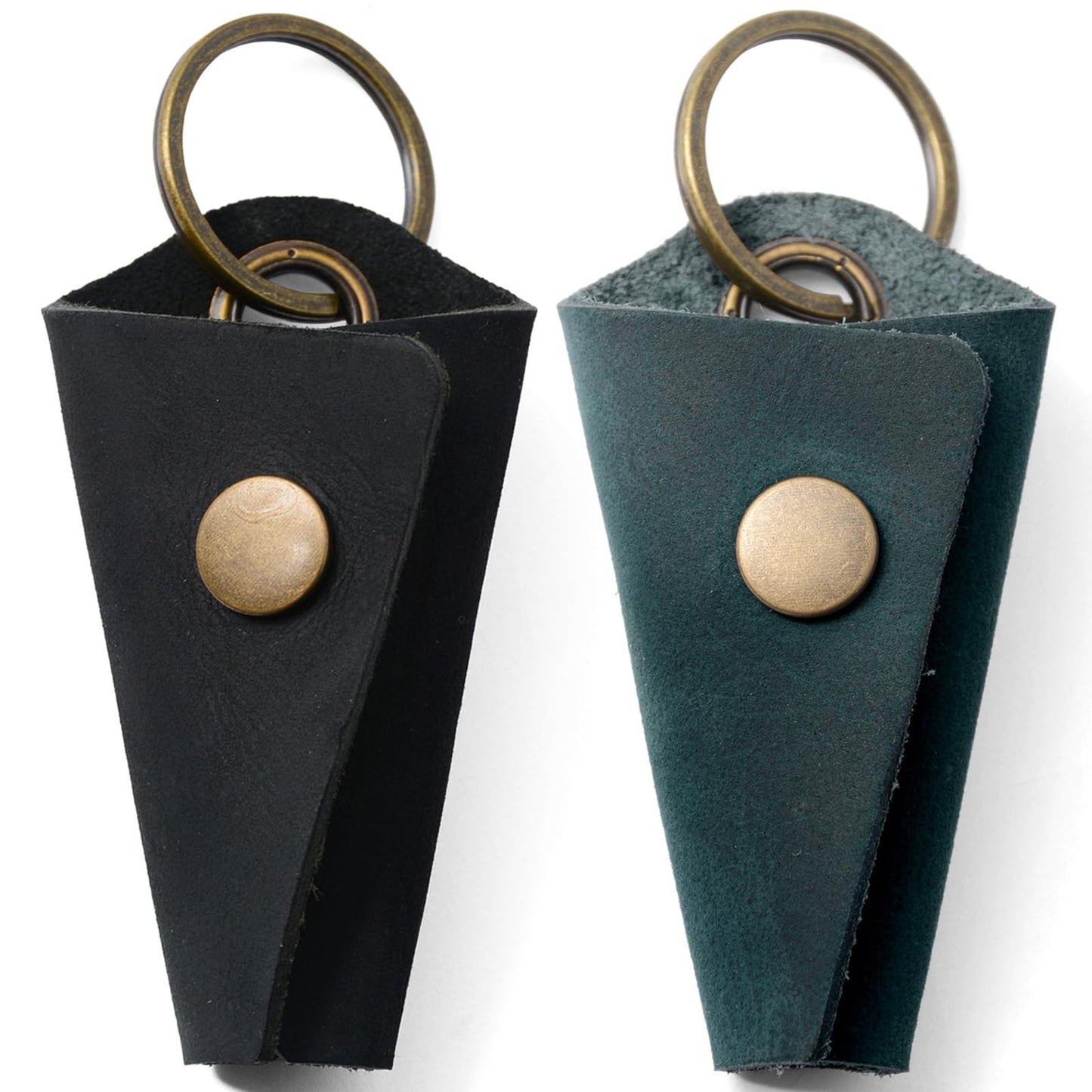 2-Pack Handmade Crazy Horse Leather Wrap Keychain with Snap Closure, Key Ring Cover and Silencer Sleeve - Men's Key Organizer (Black/Indigo Blue)