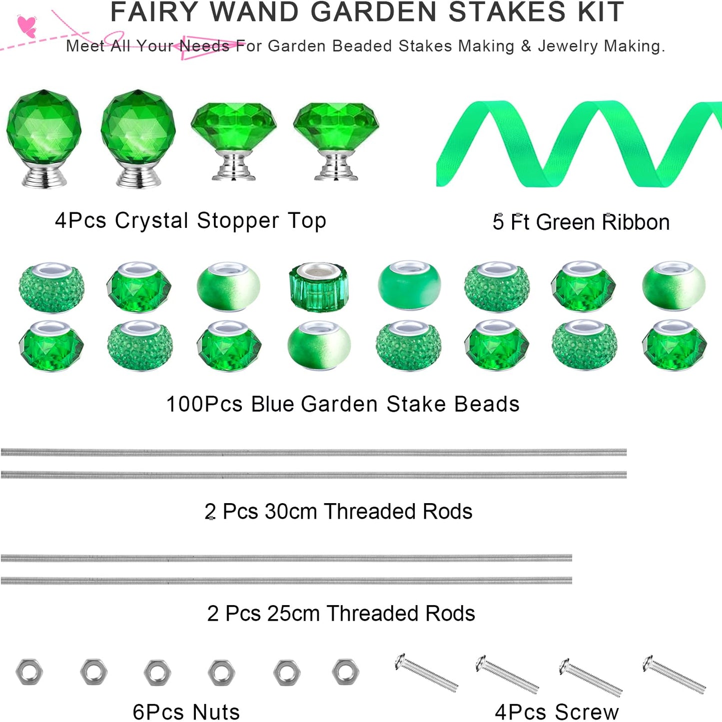 119 Pcs Garden Stake DIY Fairy Wand Plant Stake with Green Large Hole Beads Crystal Diamond Stopper Top 4 Stainless Steel Threaded Rod Beaded Garden Stakes for Outdoor Indoor Yard Patio Decorations