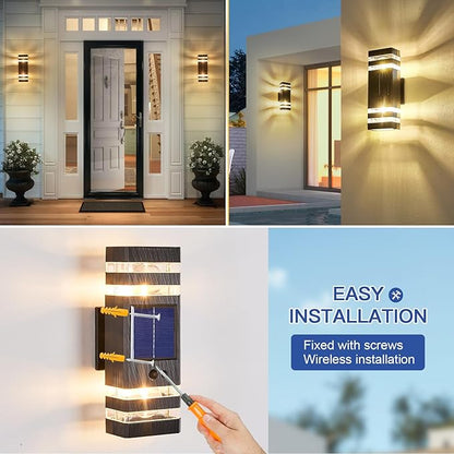 2 Pack Solar Outdoor Wall Lights with 3-Mode Motion Sensor Outside Sconces Up Down Solar Porch Light Fixtures 3000K 500LM Dusk to Dawn Modern Exterior Wall Lamp for House Garage Front Door