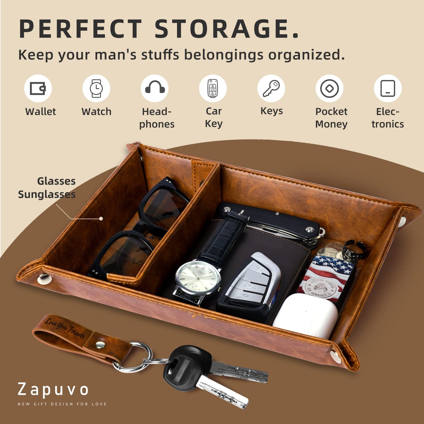 ZAPUVO PU Leather Valet Tray and Keychain, Birthday Gifts for Men, Unique Romantic Gifts for Men Him Boyfriend, Best Mens Gifts Ideas for Husband Anniversary from Wife