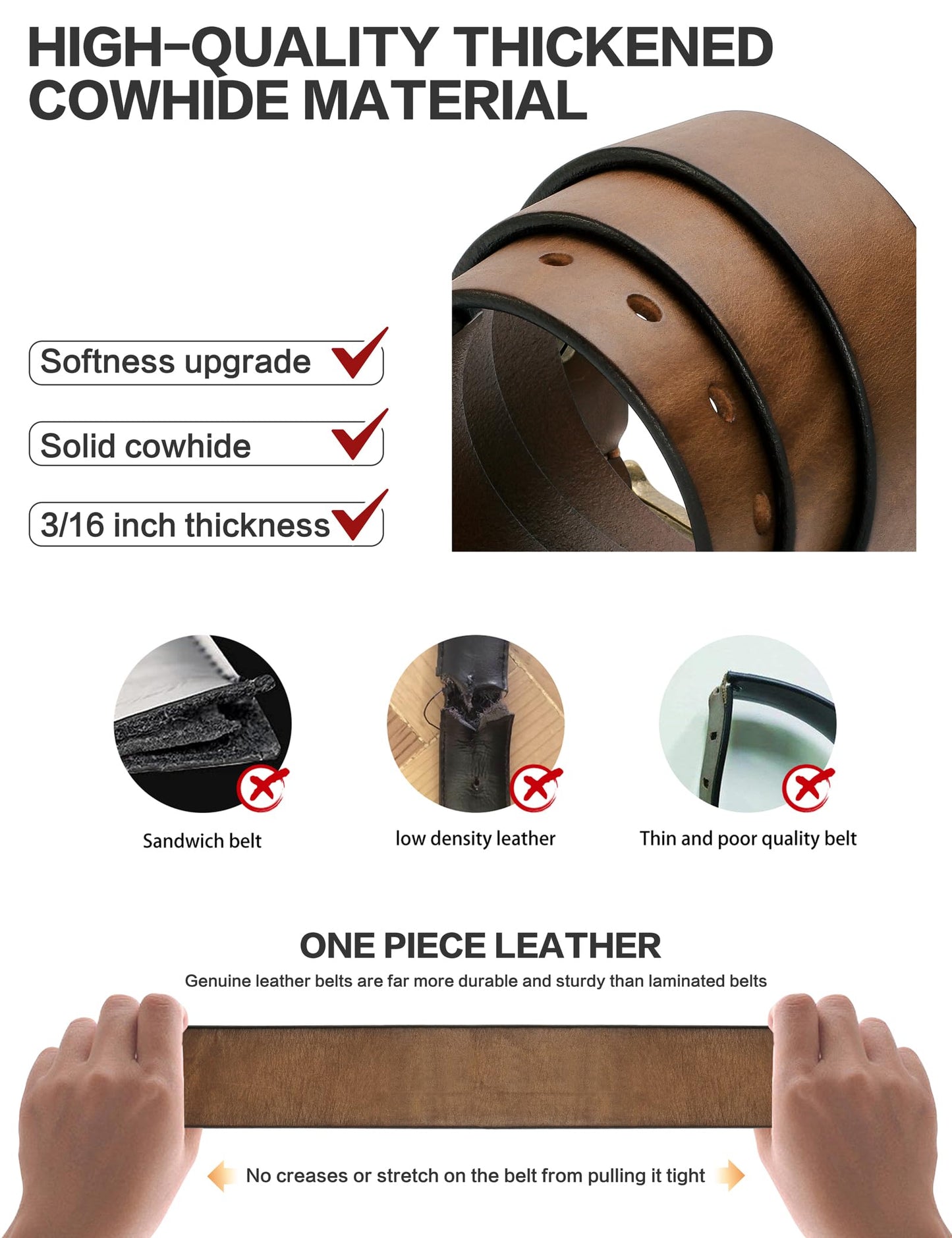 wolksprong Thicken Full Grain Leather Mens Belt Heavy Duty Work Belt High Hardness Buckle Packed In Gift Box (Brown, 40(Fit Pants Size 38))