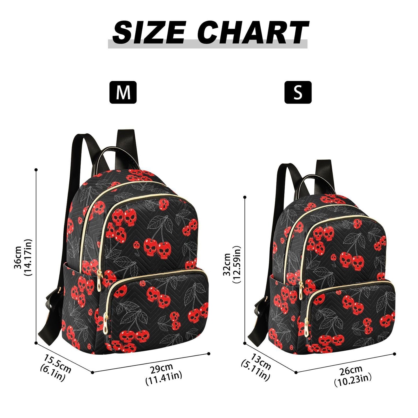 Mozuya Cherry Skull Backpack Purse for Women Girls Black Anti-theft Mini Fashion Travel Backpack with Zipper for College Travel S