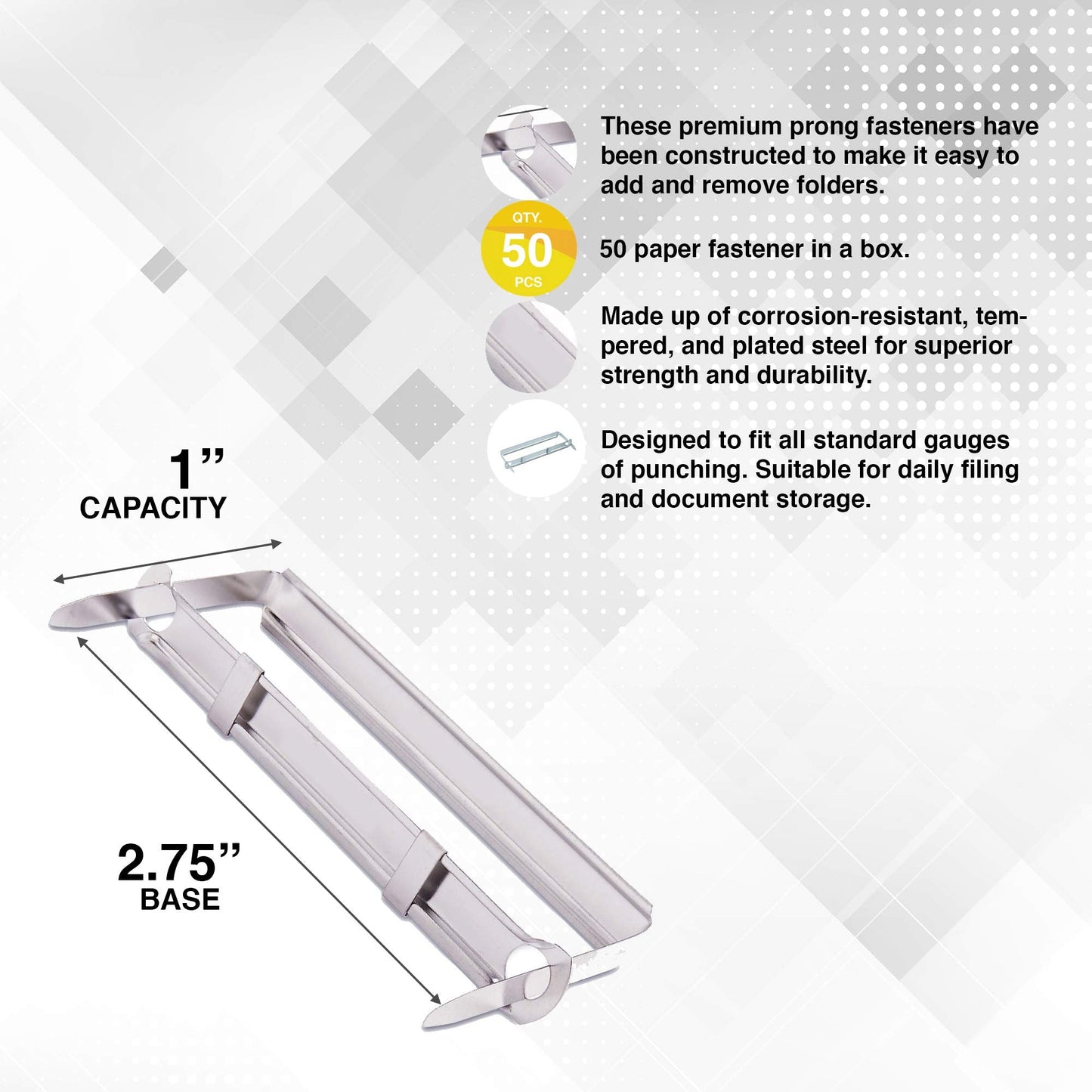 1 Inch Capacity Premium Prong Paper Fastener Complete Set, 2.75 Inch Base with Standard 2-Hole Punch for Home, Work, and School, by Olympx (50 per Box)