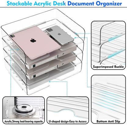 Paper Organizer Letter Tray, 4 Pack Acrylic Stackable Desk File Organizer,Clear Office Organizer for File Paper, Ipad, Letter, A4 Office File, Books, Notes, Etc