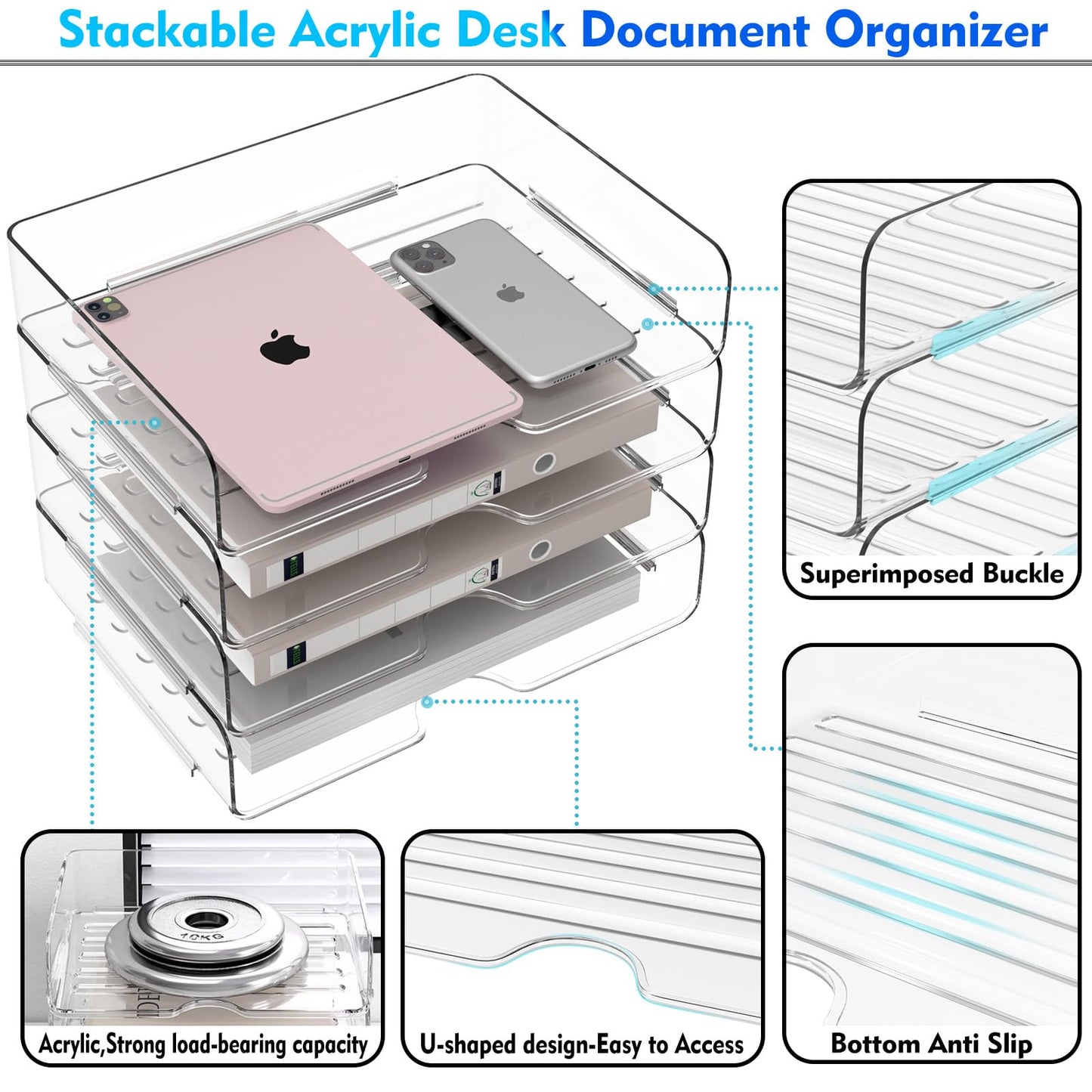 Paper Organizer Letter Tray, 4 Pack Acrylic Stackable Desk File Organizer,Versatile Clear Office Organizer for File Paper, Ipad, Letter, A4 Office File, Books, Notes, Etc