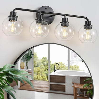 Bathroom Light Fixtures Black Vanity Light 4 Light Wall Sconces Lighting Bathroom Lights with Globe Clear Glass Shade Bath Wall Lights Wall Lamp for Mirror Kitchen Living Room Bedroom Hallway 27 Inch