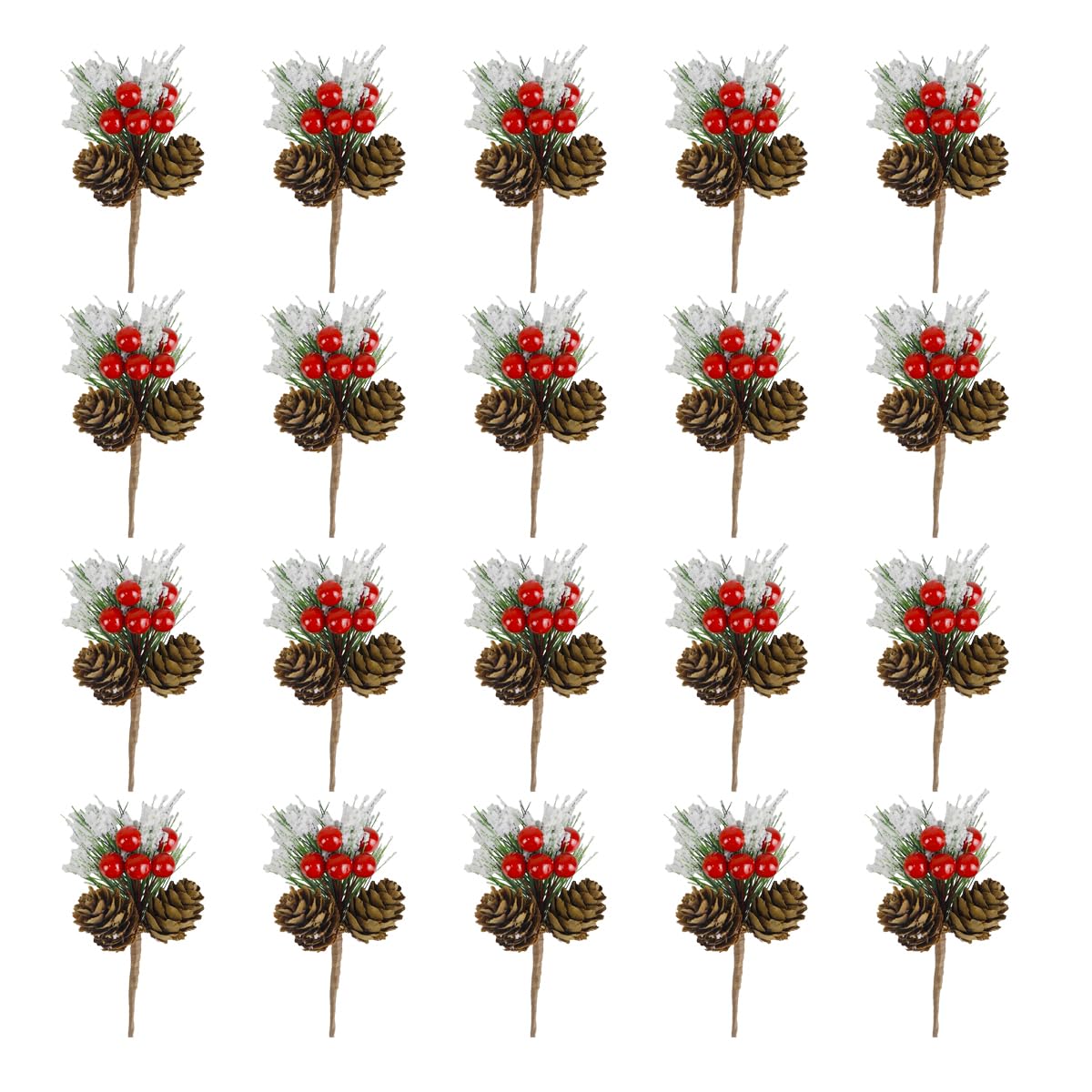 CXLHO 20PCS Christmas Floral Picks, Artificial Christmas Tree Picks and Sprays, Faux Cedar Pine Needles Branches with Red Berry Stems and Pine Cones for Crafts DIY Garland Holiday Wreath