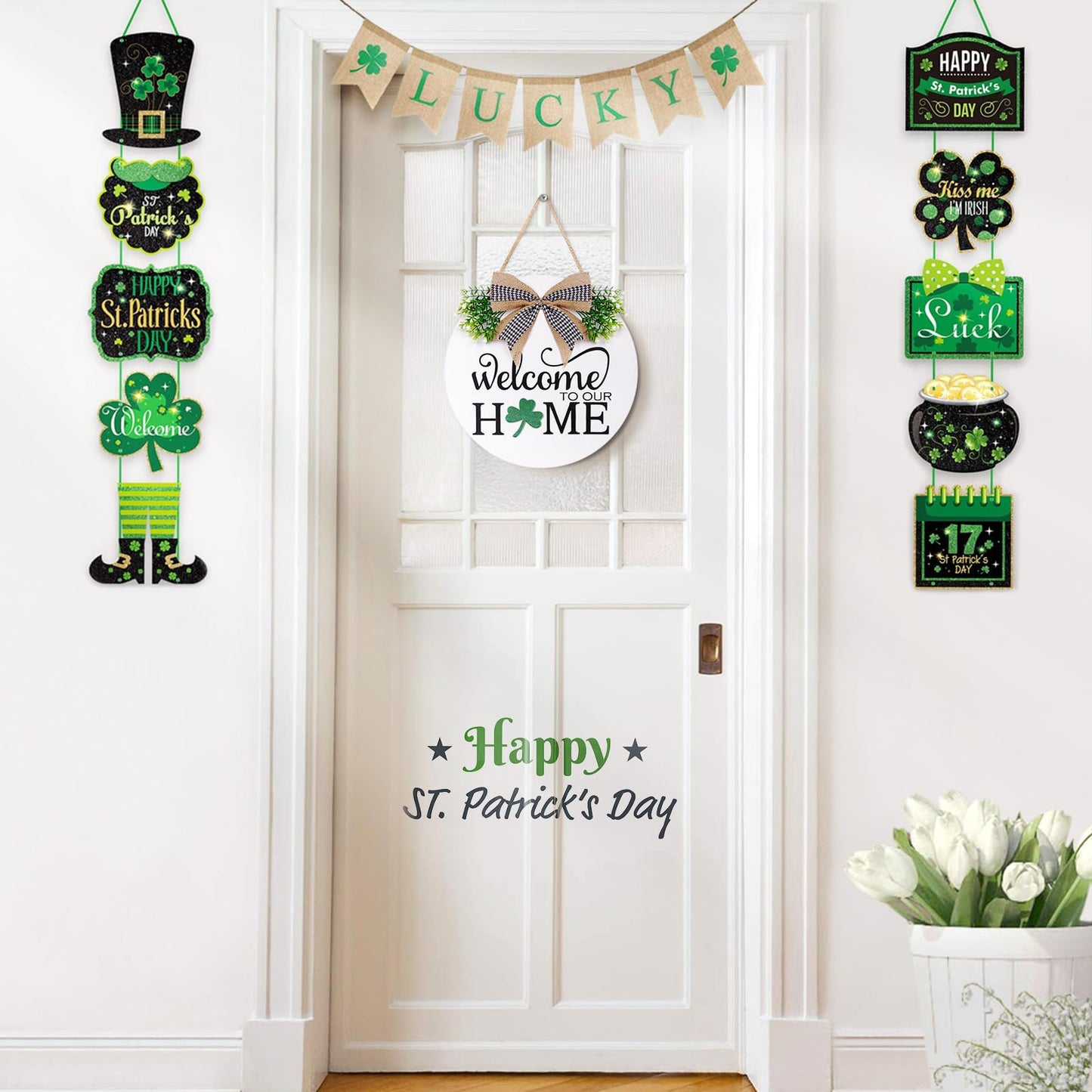 Interchangeable Welcome Sign for Front Door - Solid Wooden Welcome Wreaths with 16 Seasonal Holiday Icons Front Door Decor for Farmhouse Hanging, Valentine's, Easter Christmas Housewarming Gift Decor