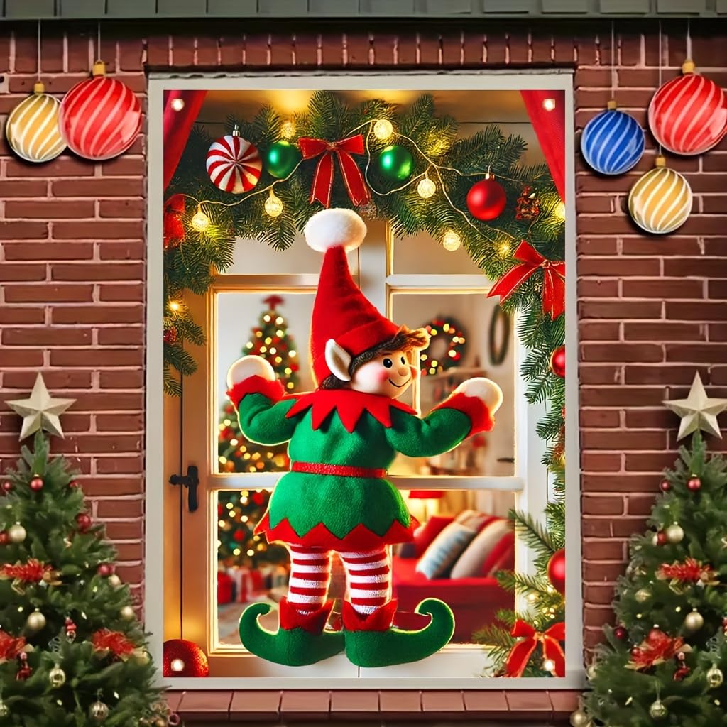 Tomhong Christmas Elf Window Banner 31x47 Inch Holiday Decoration Snowy Scene with Garland and Lights for Indoor Outdoor Home Wall or Window Display Cozy Christmas Decor