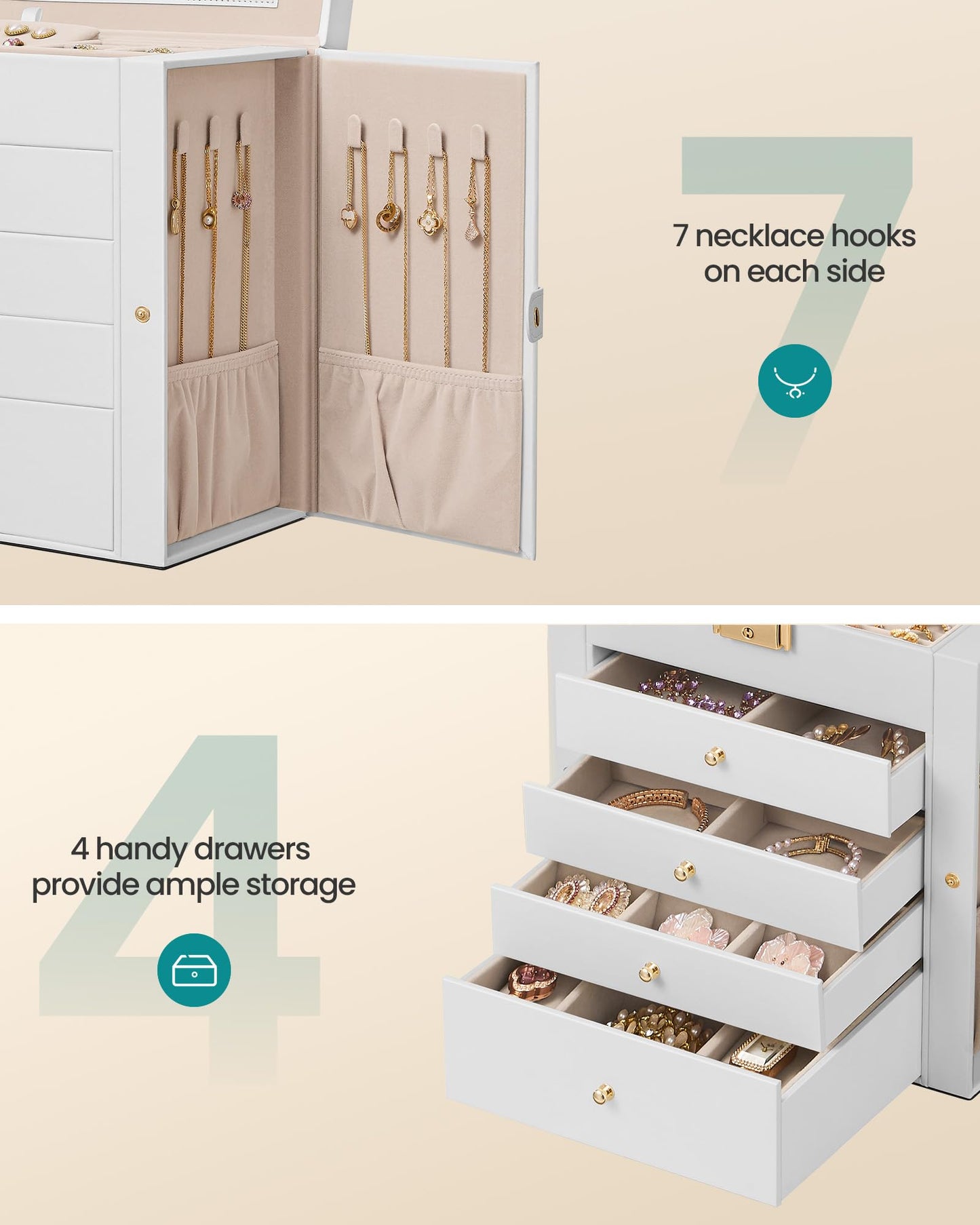SONGMICS 5-Layer Jewelry Box Organizer with 4 Drawers, Jewelry Storage Case with Lock and Mirror, Large Storage Capacity, Gift for Loved Ones, for Necklaces, Watches, Cream White UJBC153WD01S