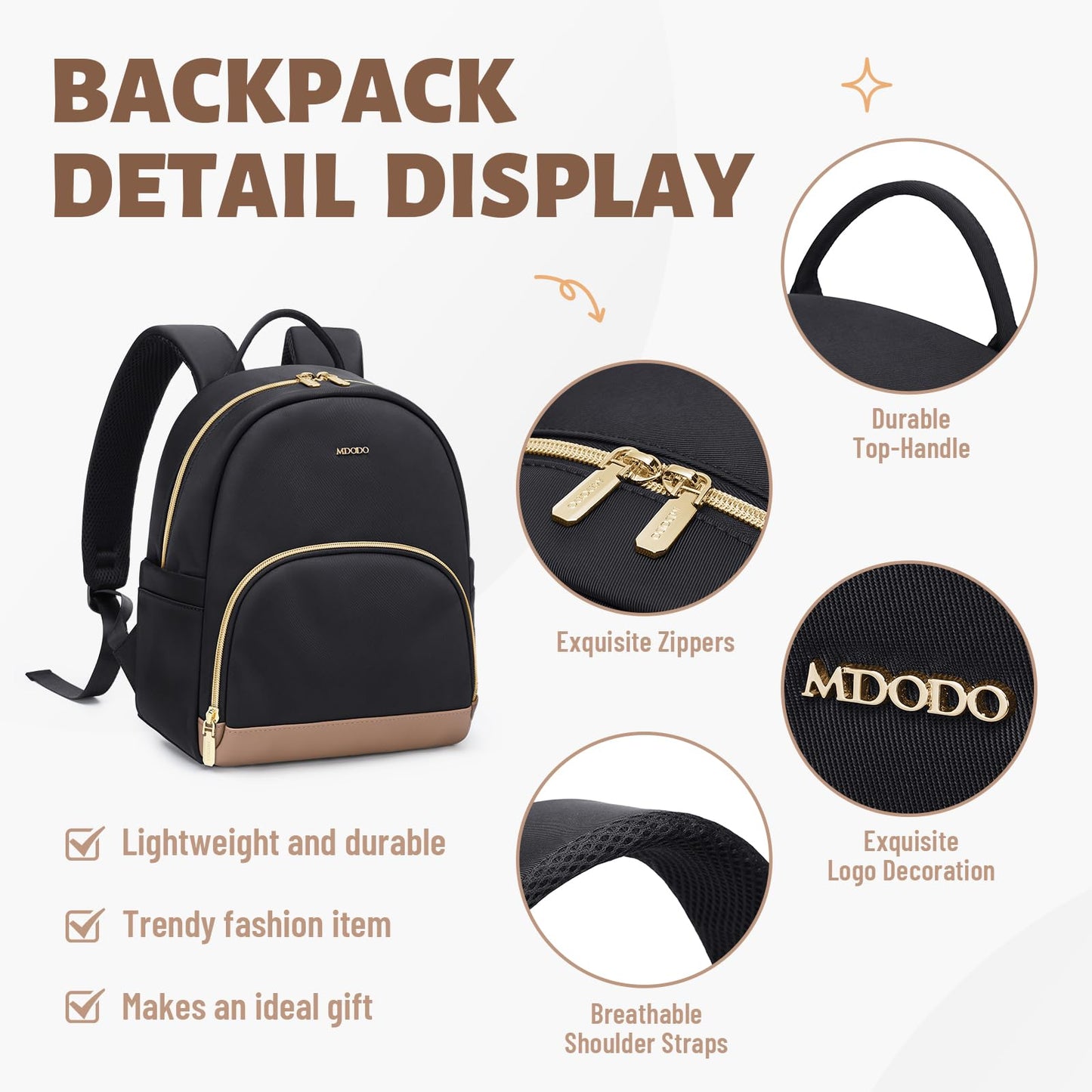 MDODO Small Backpack for Women Lightweight Stylish Mini Backpack Daypack Purses Cute Bookbag for Casual College Travel Daily,fit 10.9Inch iPad,Black