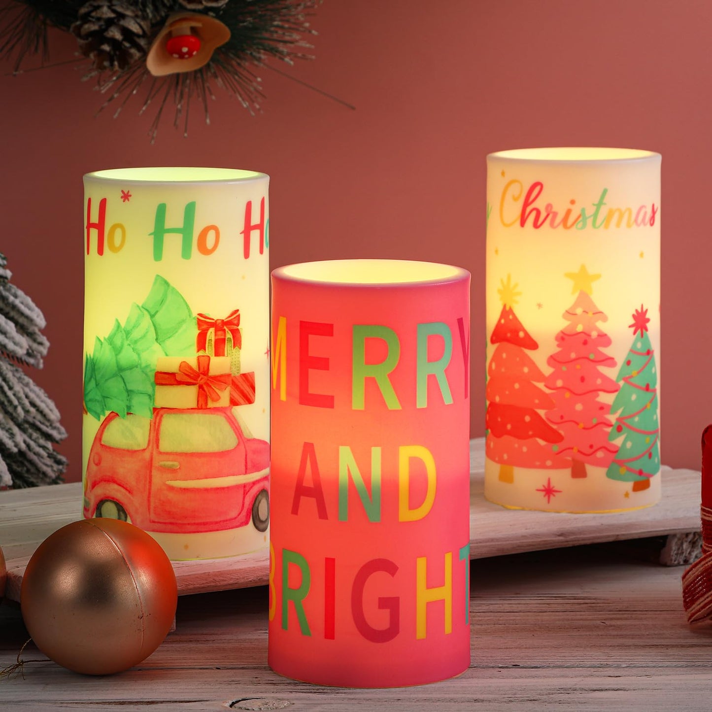 Retisee 3 Pcs Pastel Christmas Flameless Candles Pink Christmas Battery Operated LED Candles with Remote Pastel Candy Xmas Decorations Centerpiece for Holiday Bedroom Living Room Xmas Home Decor