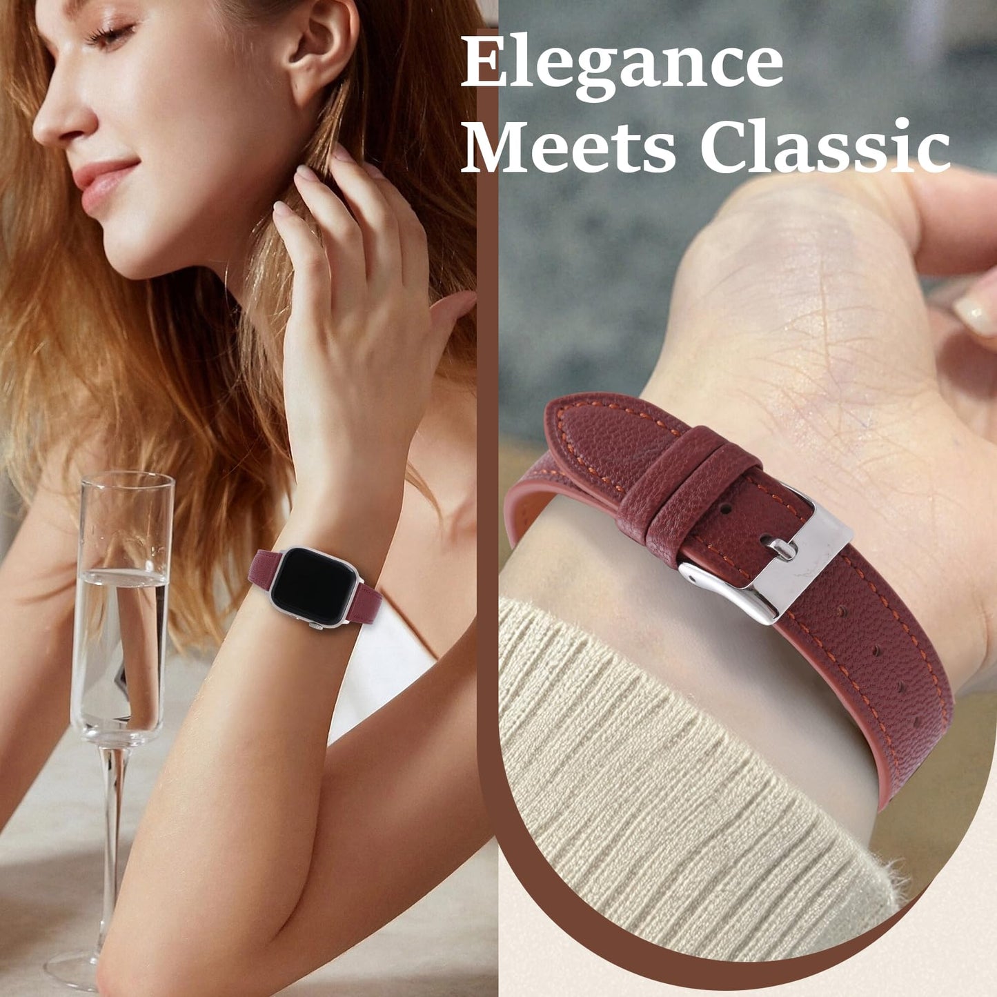 Thin Slim Soft Goatskin Women Leather Watch Bands for Apple Watch 38mm 40mm 41mm 42mm, Small Wrist Watch Band Lightweight Elegant Replacement Straps Compatible with iWatch SE 11 10 9 8 7 6 5 4 3 2 1