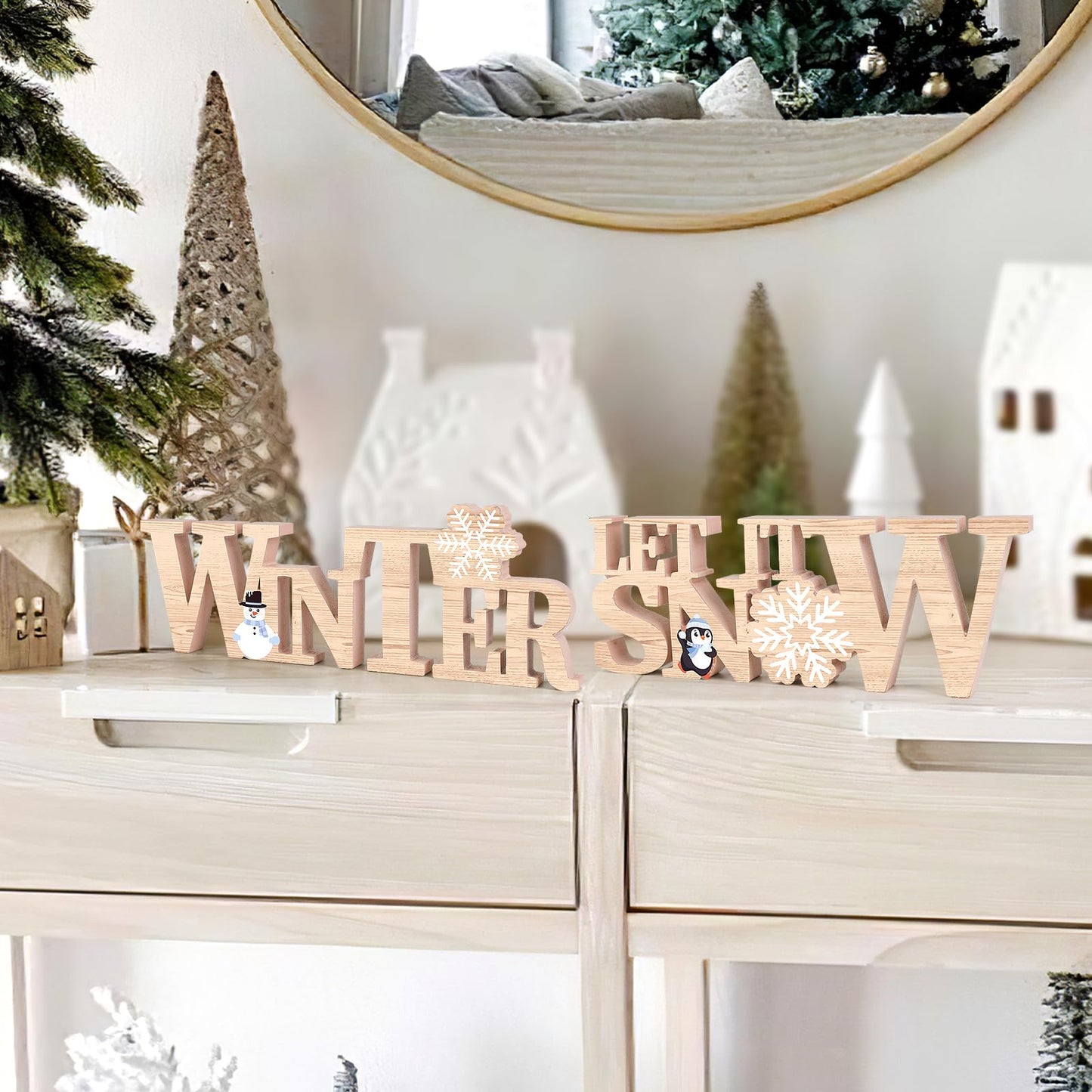 COCHIE Wooden Winter Let It Snow Sign, Snowflake Winter Decorations for Home, Office, Shelf, Mantel, Indoor, Blue White Wood Table Top Party Decor (Brown)