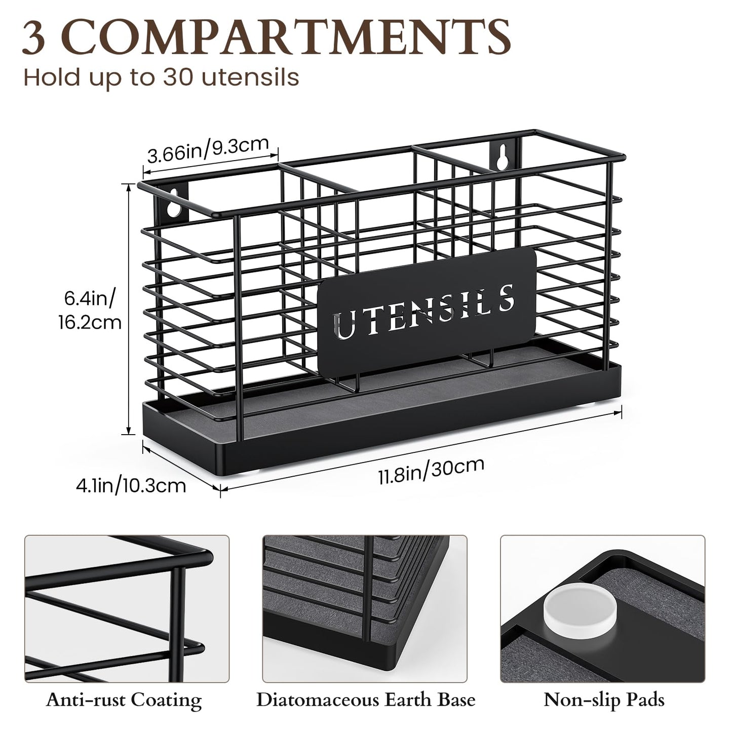 THYGIFTREE Utensil Holder for Kitchen Counter with Diatomaceous Earth Base, Large Black Metal Cooking Tool Organizer with 3 Compartments, Countertop Utensil Holder for Spatula and Kitchen Utensils