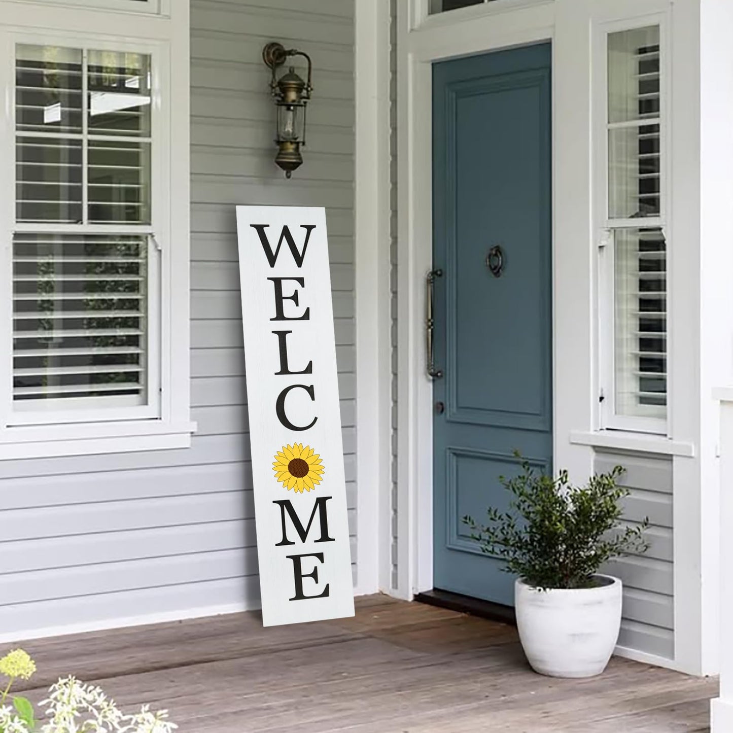 Interchangeable Wooden Porch Welcome Sign with 12 Interchangeable Icons 45"X9" Large Standing Hanging Seasonal Home Decor for Porch Wall Yard Decorations (White)