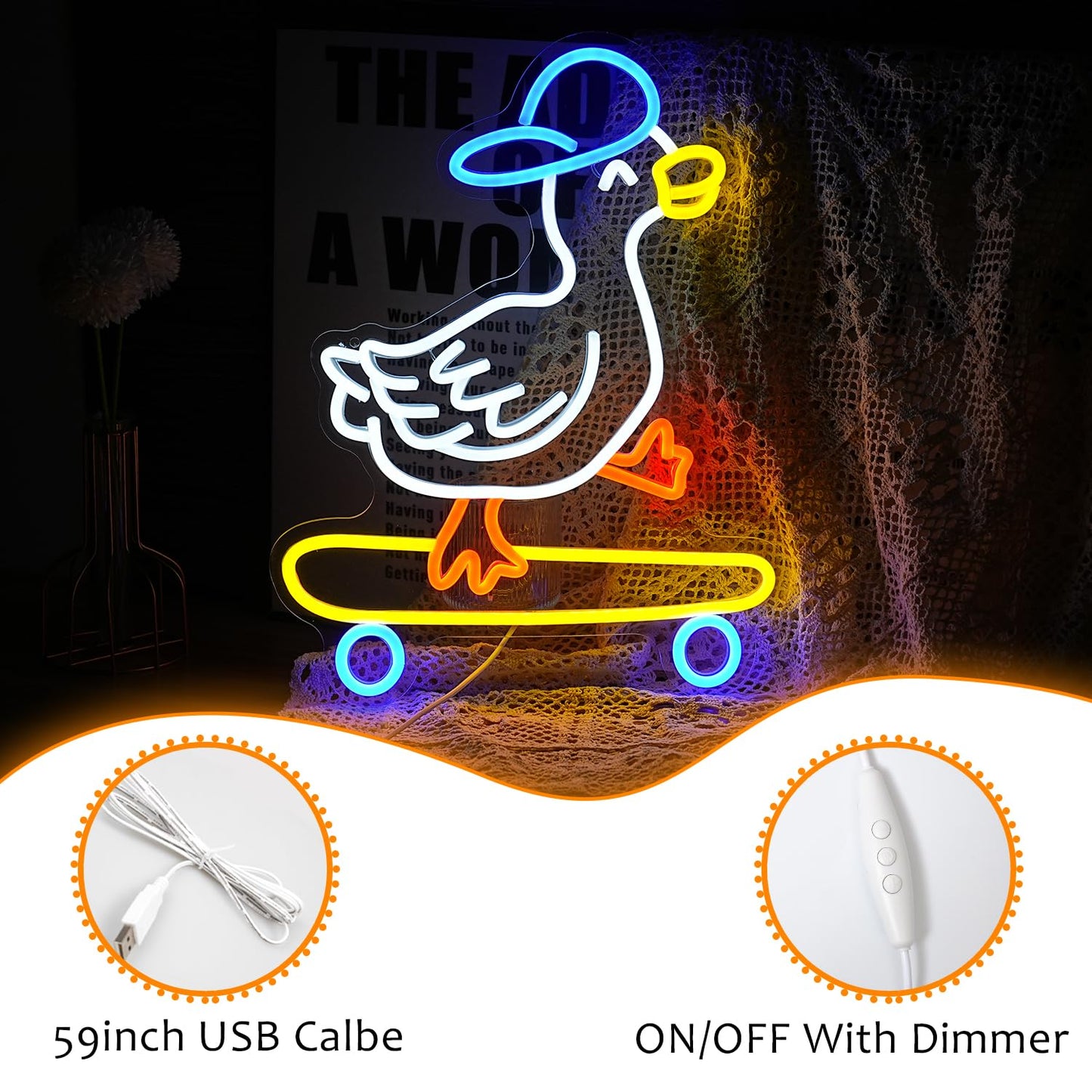 Skateboard Duck Neon Sign Dimmable LED Happy Duck Neon Light USB Powered Hat Duck Light Up Sign for Living Room Bedroom Art Wall Decor Boy Girl Gifts (16.5”*12.6”)