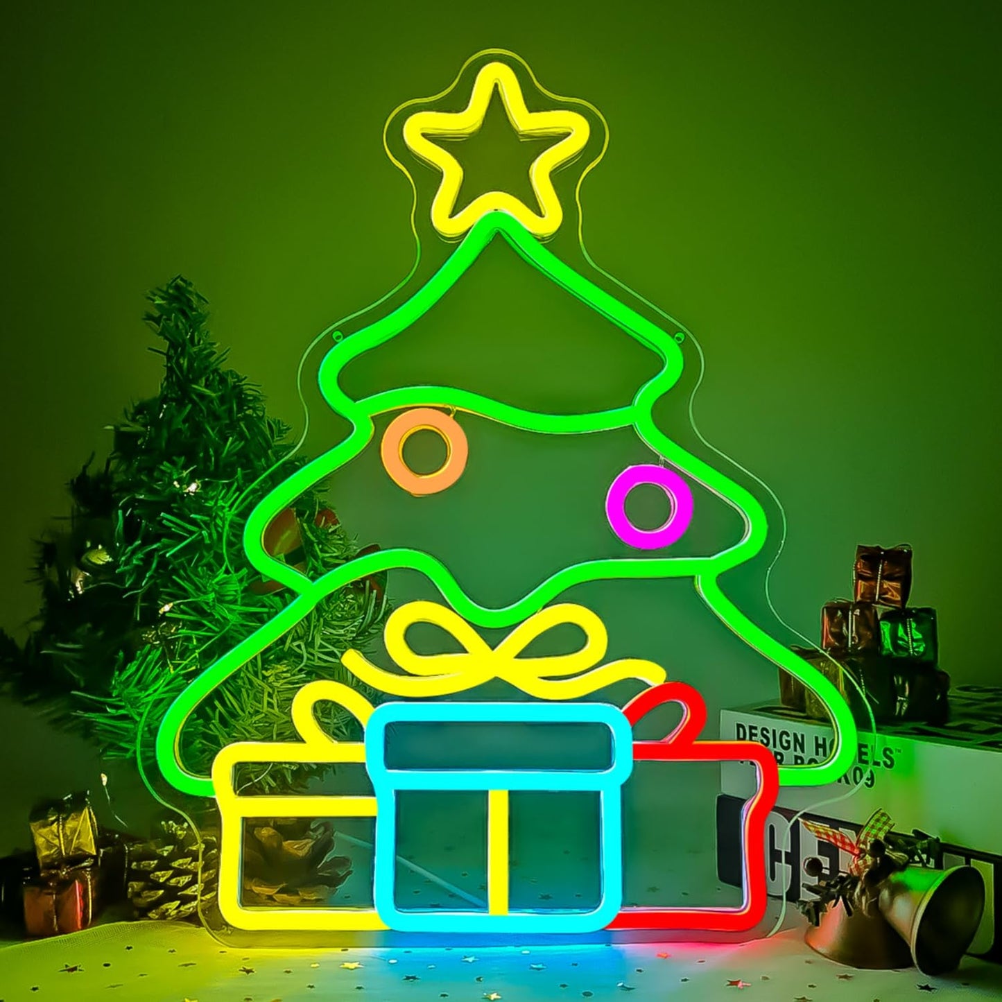 Christmas Tree Neon Sign Gift Box Xmas Neon Light Neon Christmas Decorations Dimmable Led Neon Light Up Sign for Wall Decor Party Kids Gift Winter Home